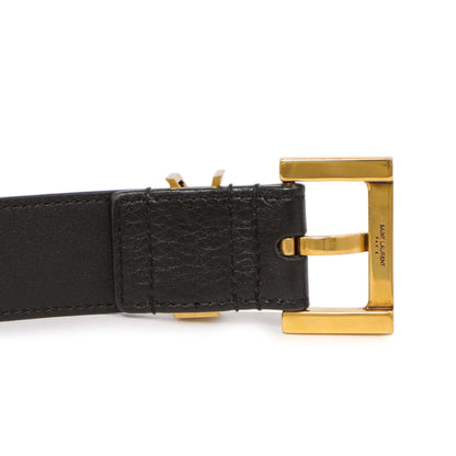 Exclusive Saint Laurent Black Smooth Calfskin Monogram Square Buckle Belt — Detail View
