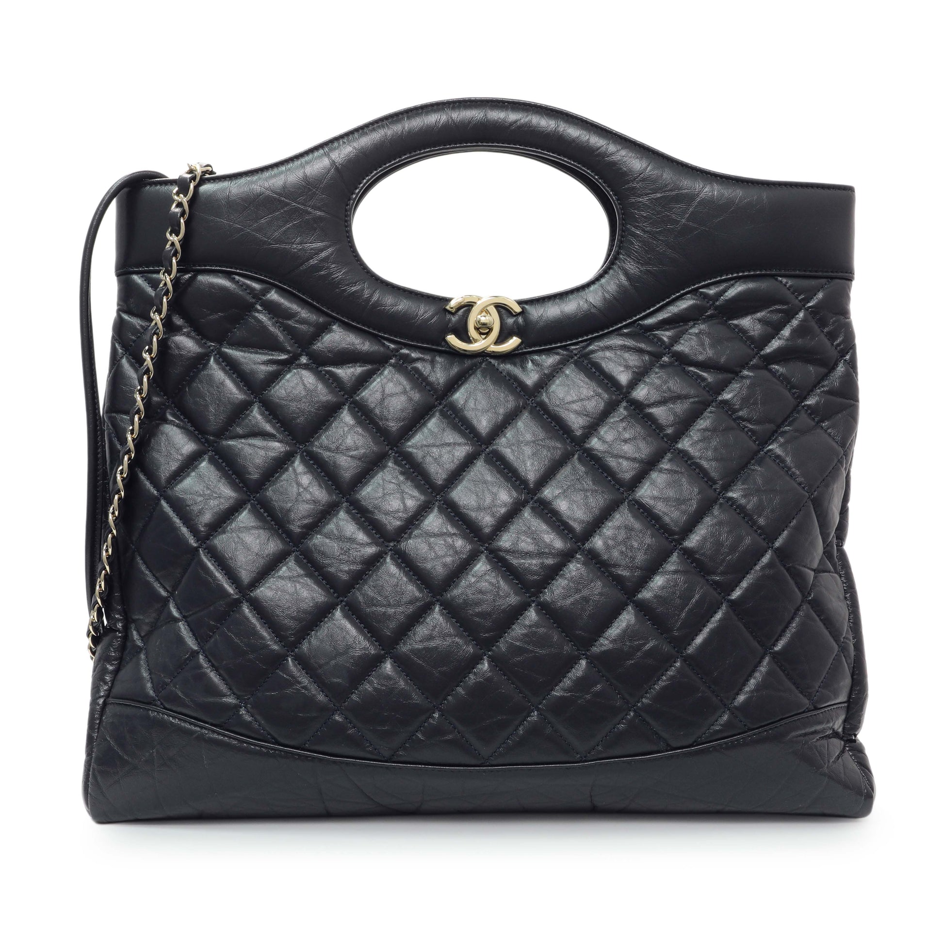 Exclusive Chanel Navy Quilted Aged Calfskin Large 31 Shopping Tote — Front View