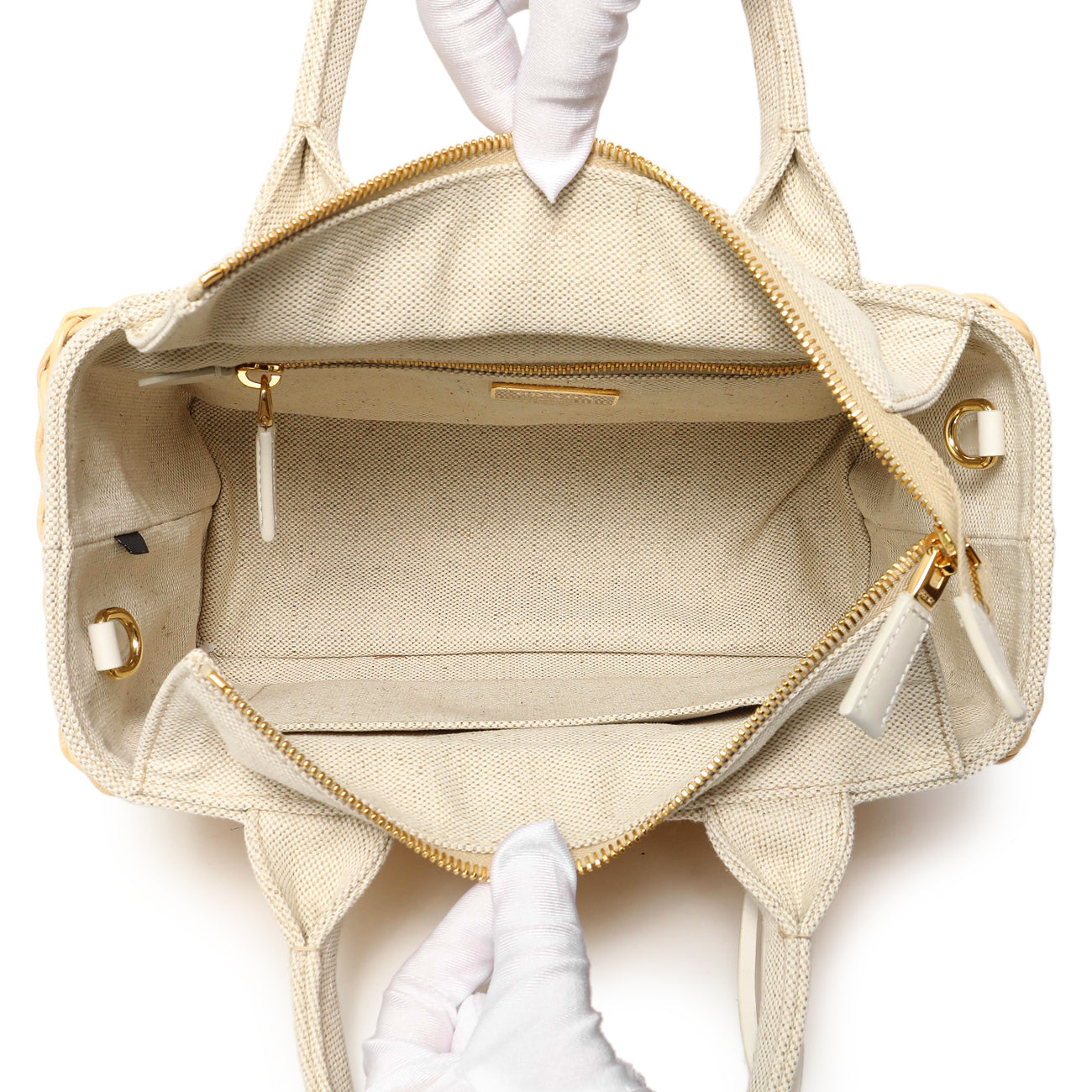 Exclusive Prada Beige Wicker Linen Medium Tote — Top View