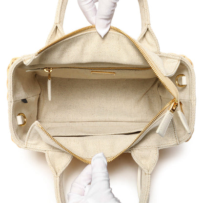 Exclusive Prada Beige Wicker Linen Medium Tote — Top View