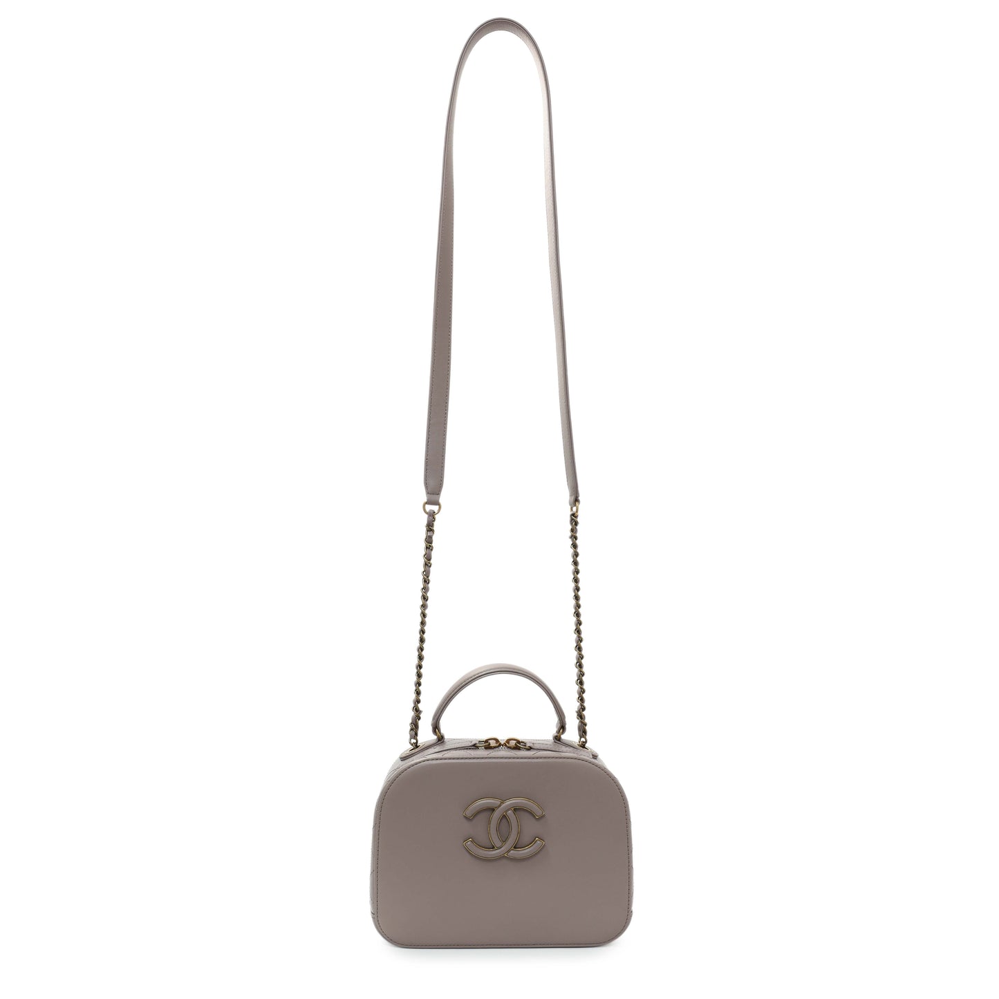Exclusive Chanel Taupe Calfskin Coco Curve Vanity Case — Front View