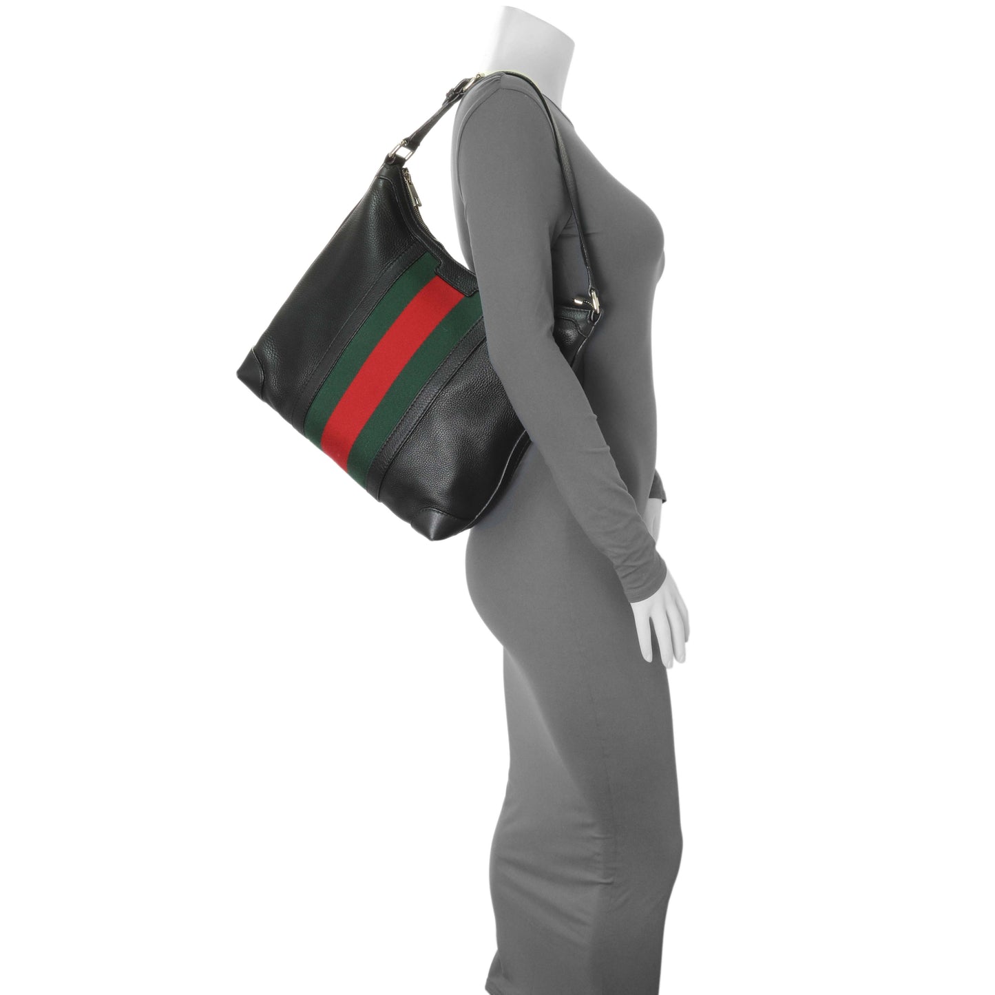 Exclusive Gucci Black Grained Calfskin Medium Web Hobo — Alternate View 11