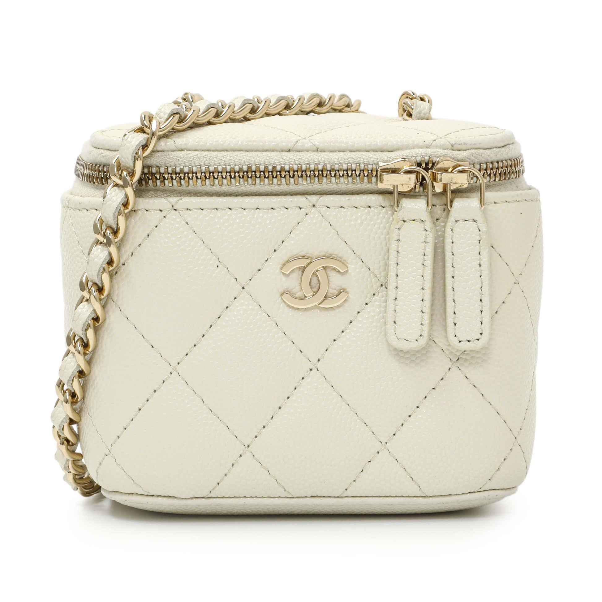 Exclusive Chanel White Caviar Mini Vanity Case With Chain — Front View