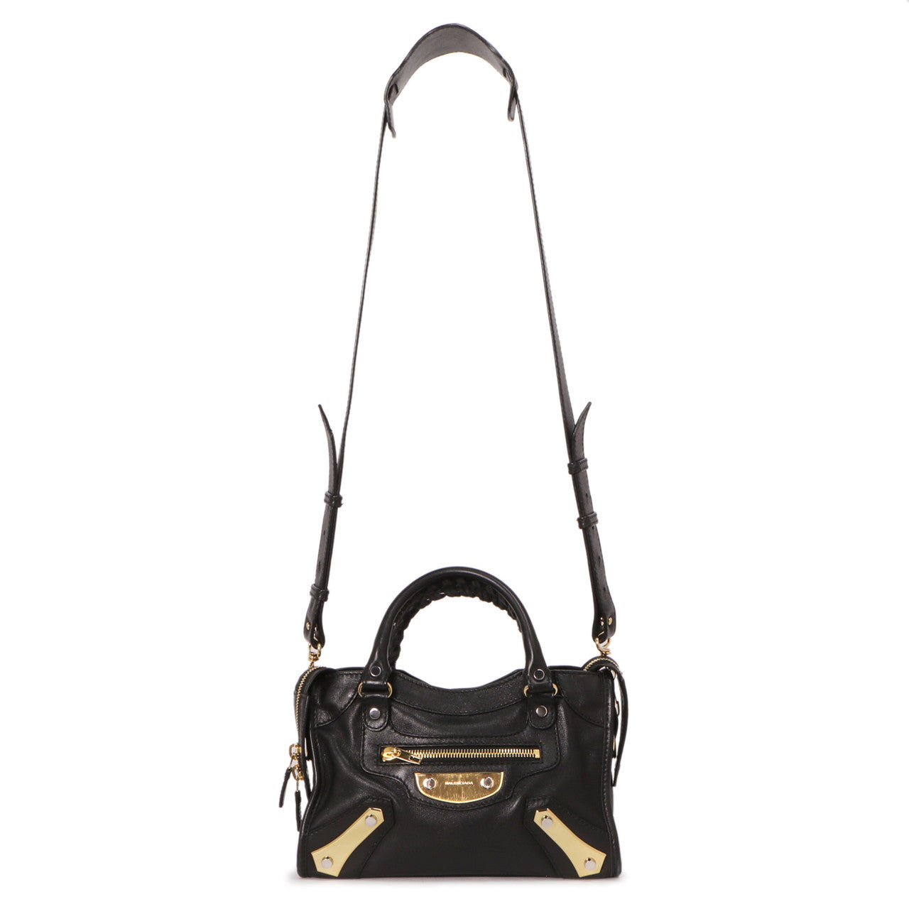 Exclusive Balenciaga Black Calfskin Metal Plate Mini  City — Front View