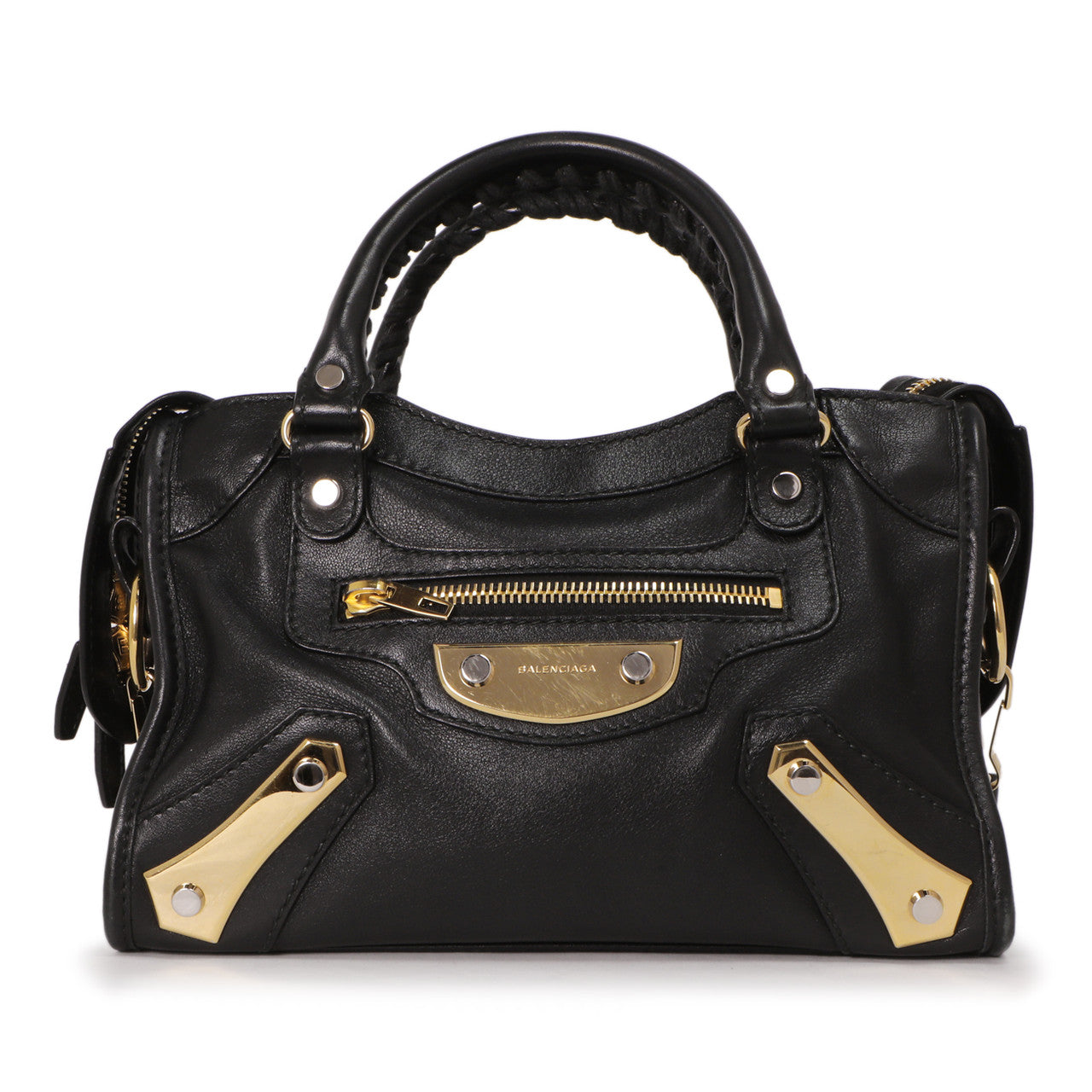 Exclusive Balenciaga Black Calfskin Metal Plate Mini  City — Side View