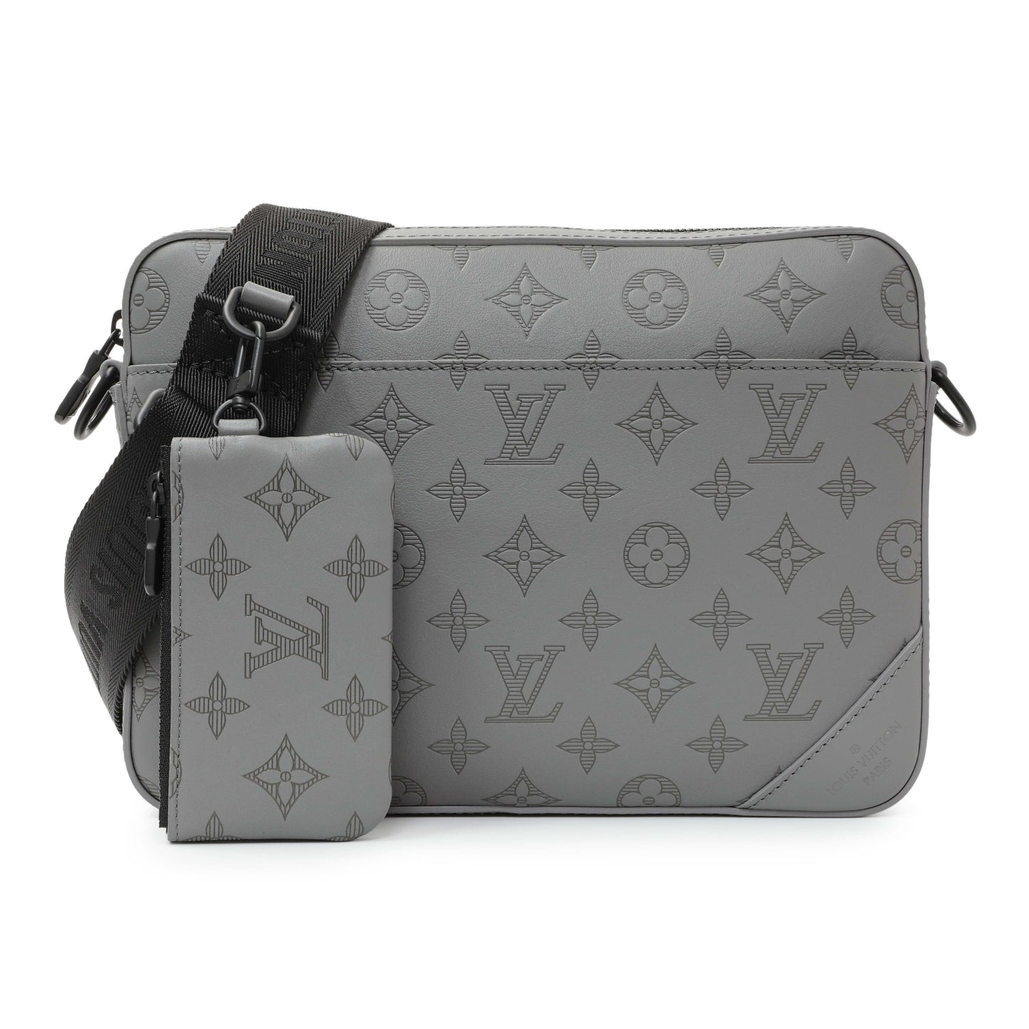 Exclusive Louis Vuitton Grey Calfskin Monogram Shadow Duo Messenger — Front View