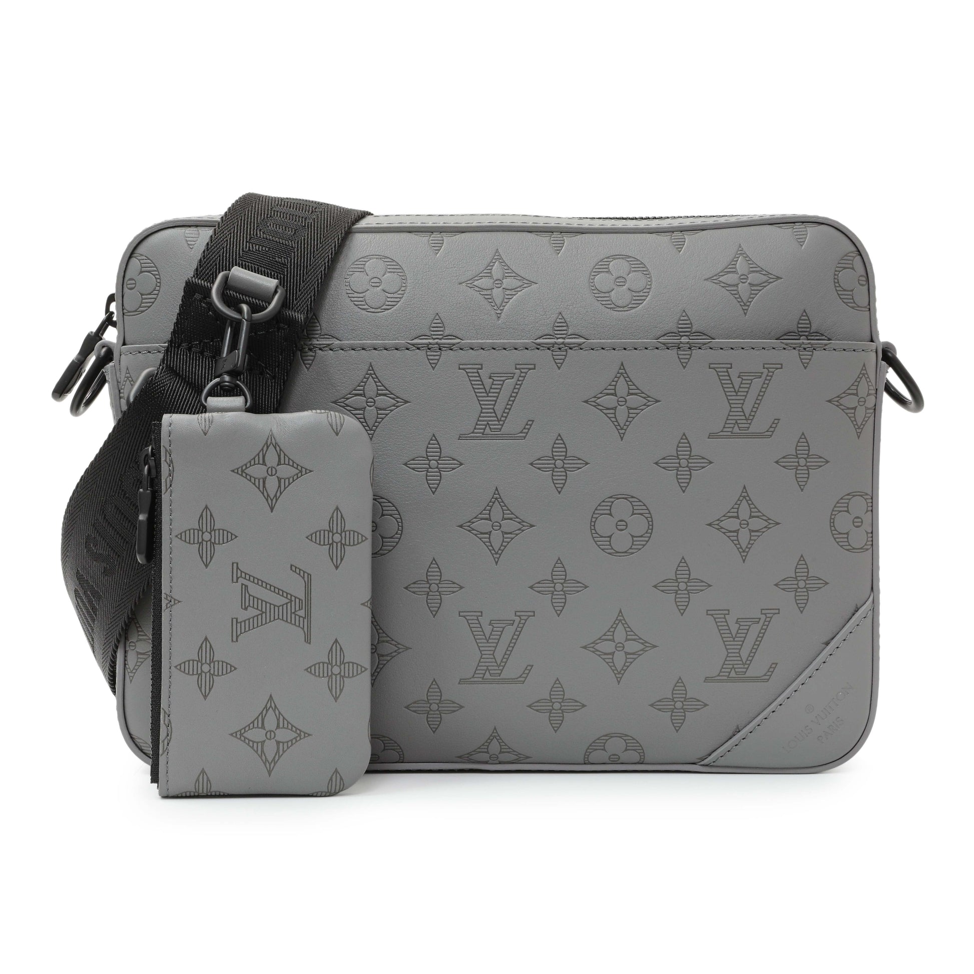 Exclusive Louis Vuitton Grey Calfskin Monogram Shadow Duo Messenger — Front View