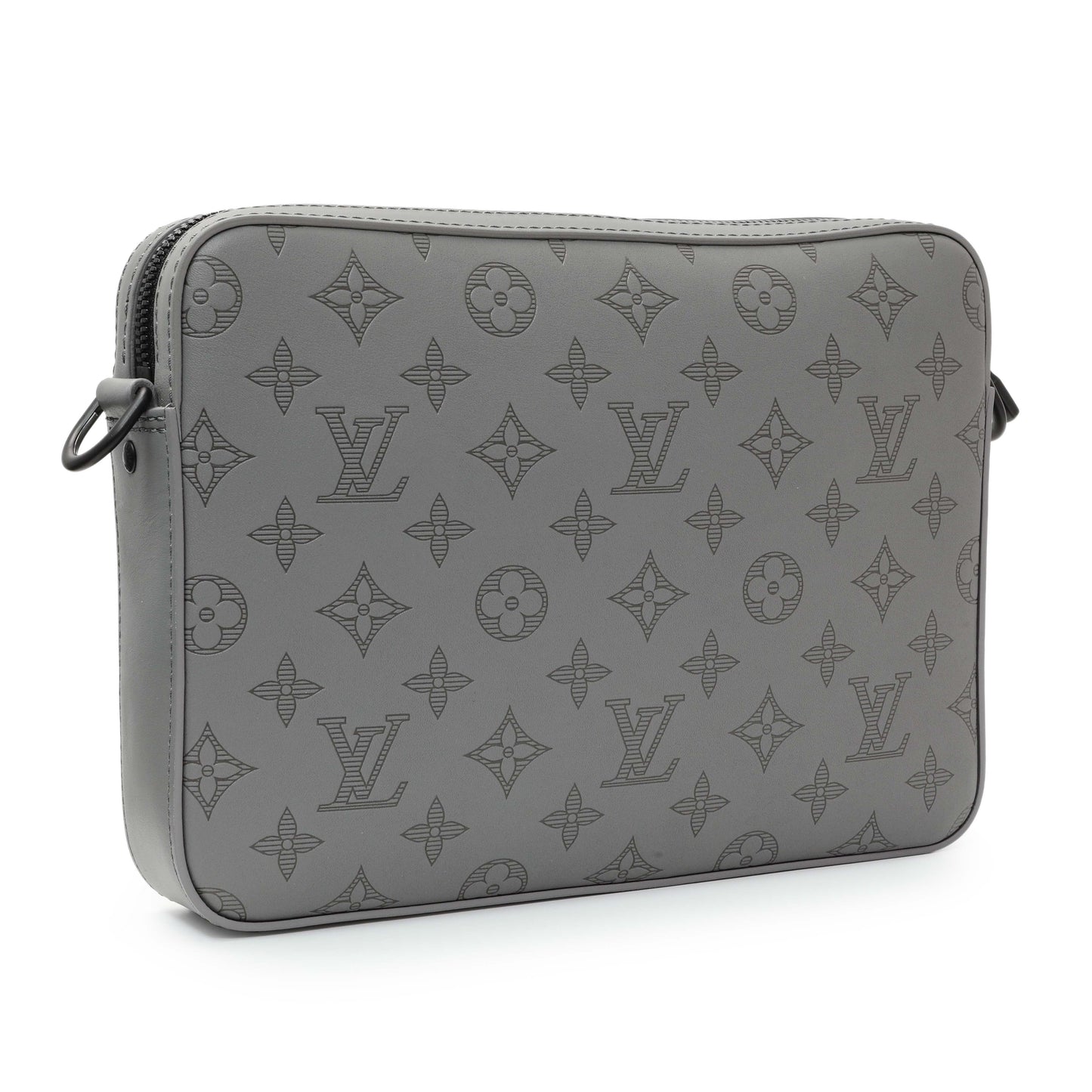 Exclusive Louis Vuitton Grey Calfskin Monogram Shadow Duo Messenger — Side View