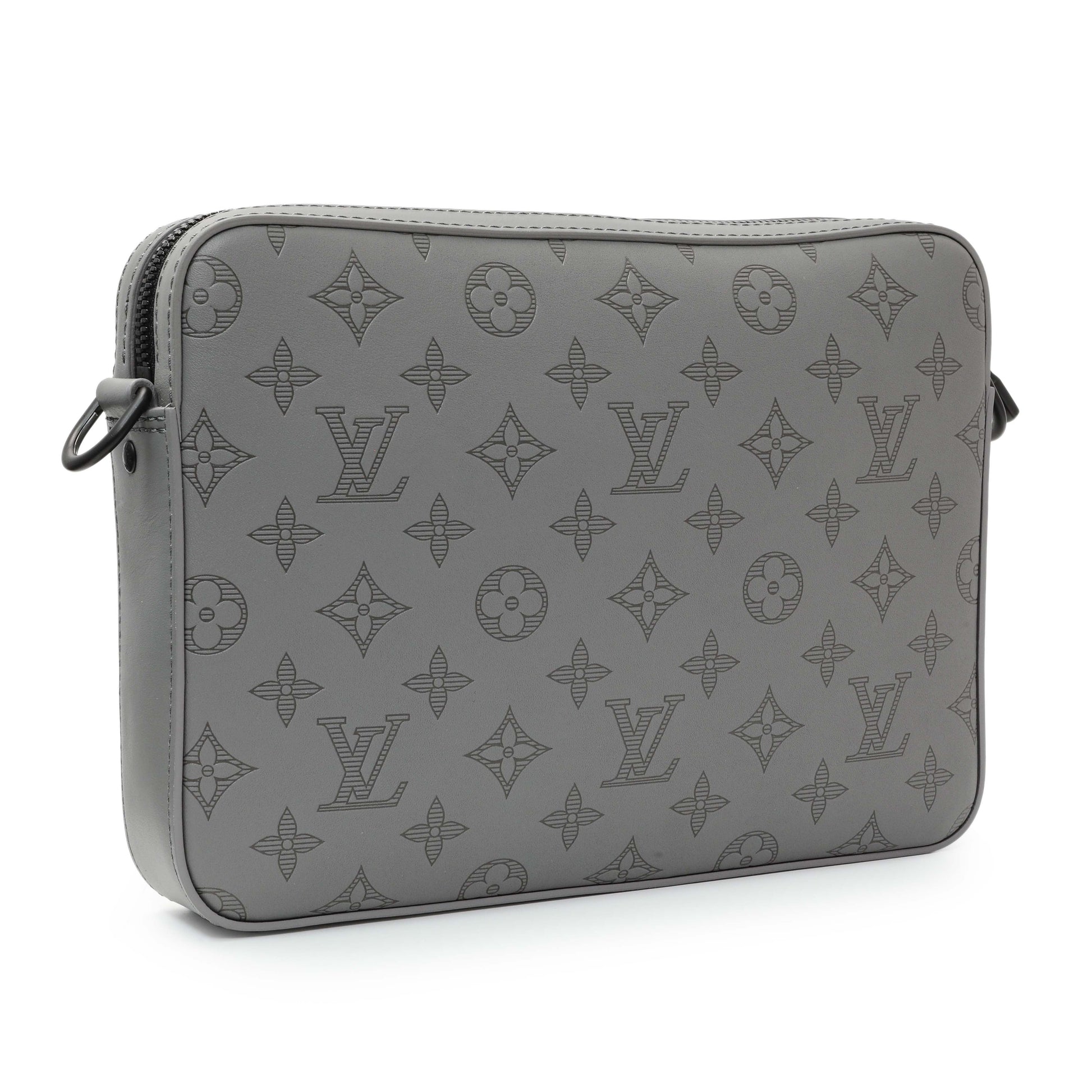 Exclusive Louis Vuitton Grey Calfskin Monogram Shadow Duo Messenger — Side View