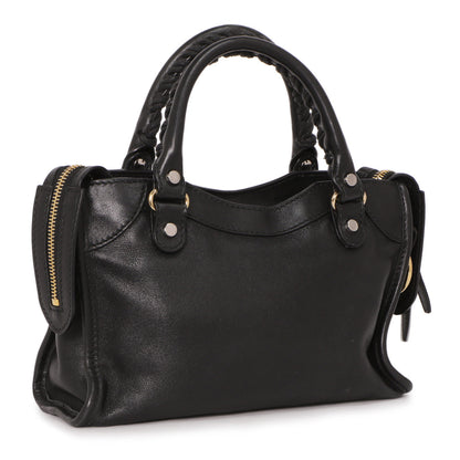 Exclusive Balenciaga Black Calfskin Metal Plate Mini  City — Back View