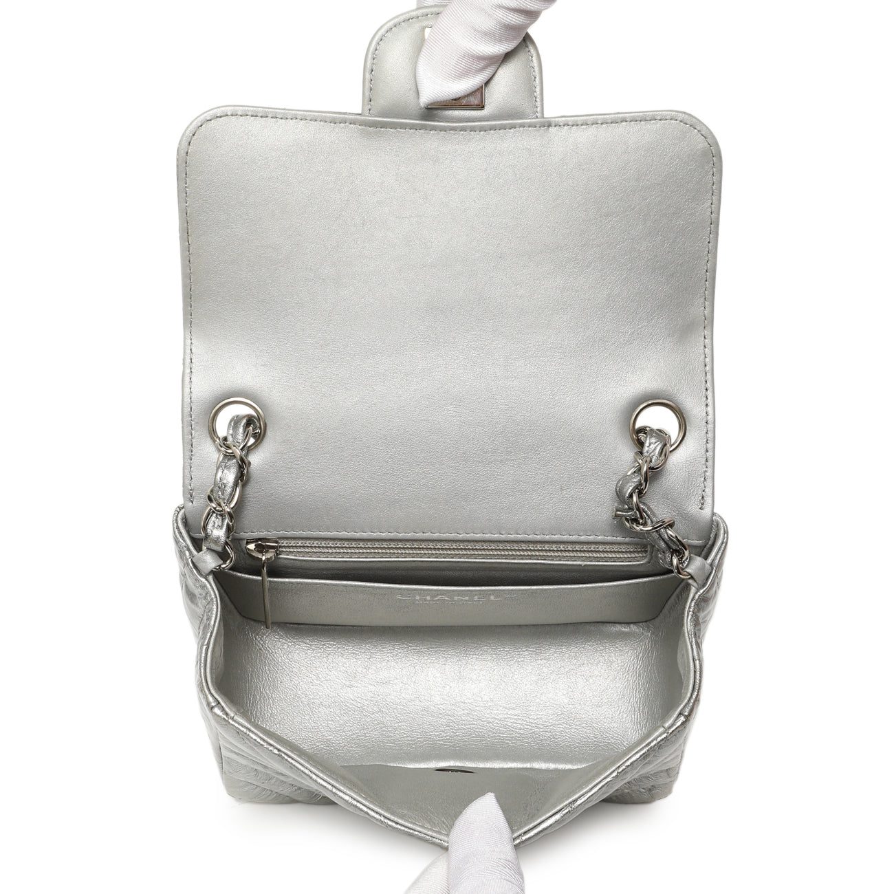 Exclusive Chanel Silver Metallic Patent Crumpled Calfskin Chevron Quilted Mini Square Flap — Detail View