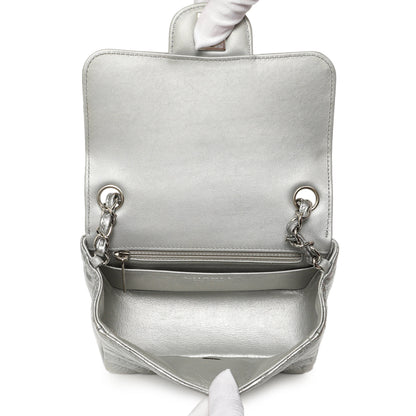 Exclusive Chanel Silver Metallic Patent Crumpled Calfskin Chevron Quilted Mini Square Flap — Detail View