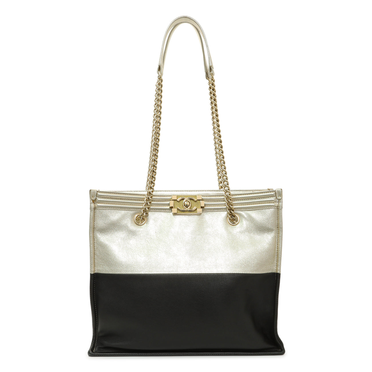 Exclusive Chanel Metallic Gold Black Goatskin Boy Shopping Tote — Front View