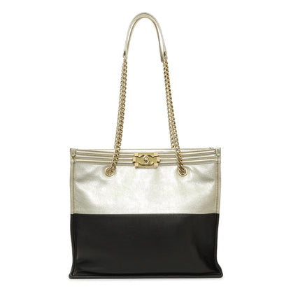 Exclusive Chanel Metallic Gold Black Goatskin Boy Shopping Tote — Front View
