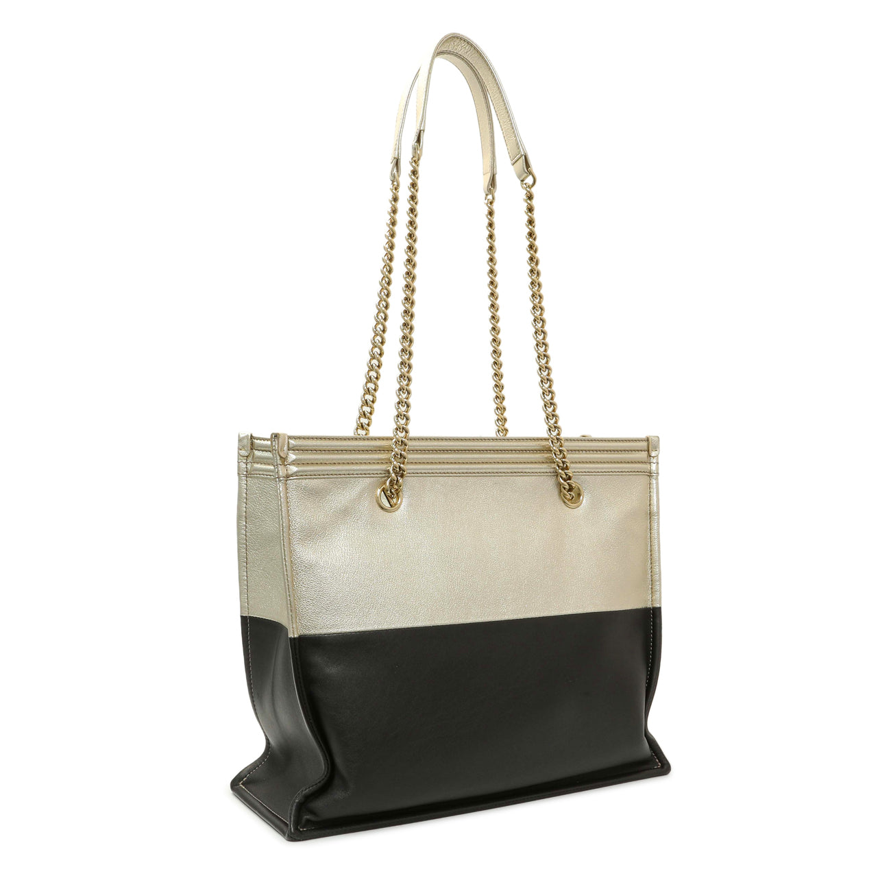 Exclusive Chanel Metallic Gold Black Goatskin Boy Shopping Tote — Side View