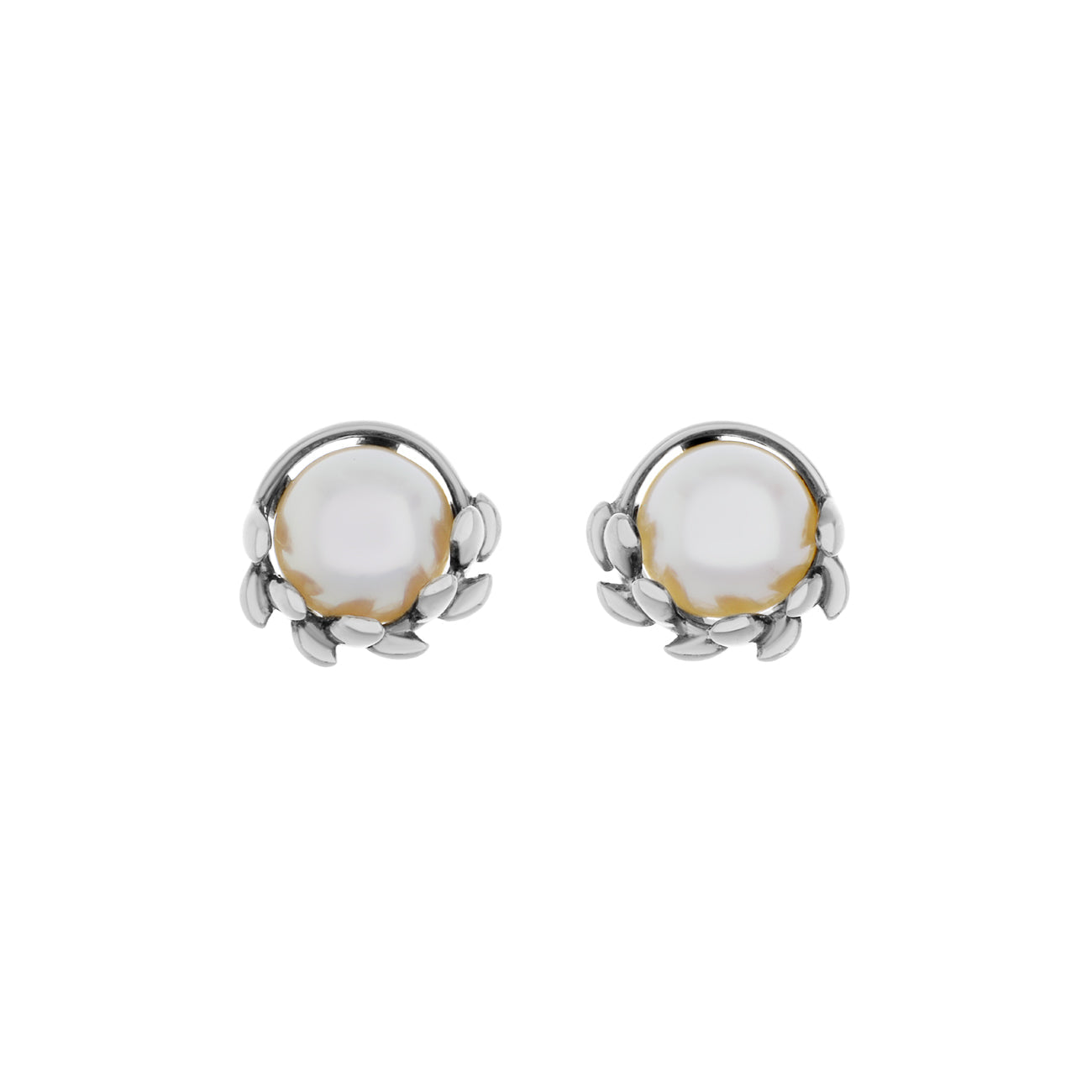 Exclusive Tiffany & Co. Sterling Silver Pearl Paloma Picasso Olive Leaf Stud Earrings — Front View