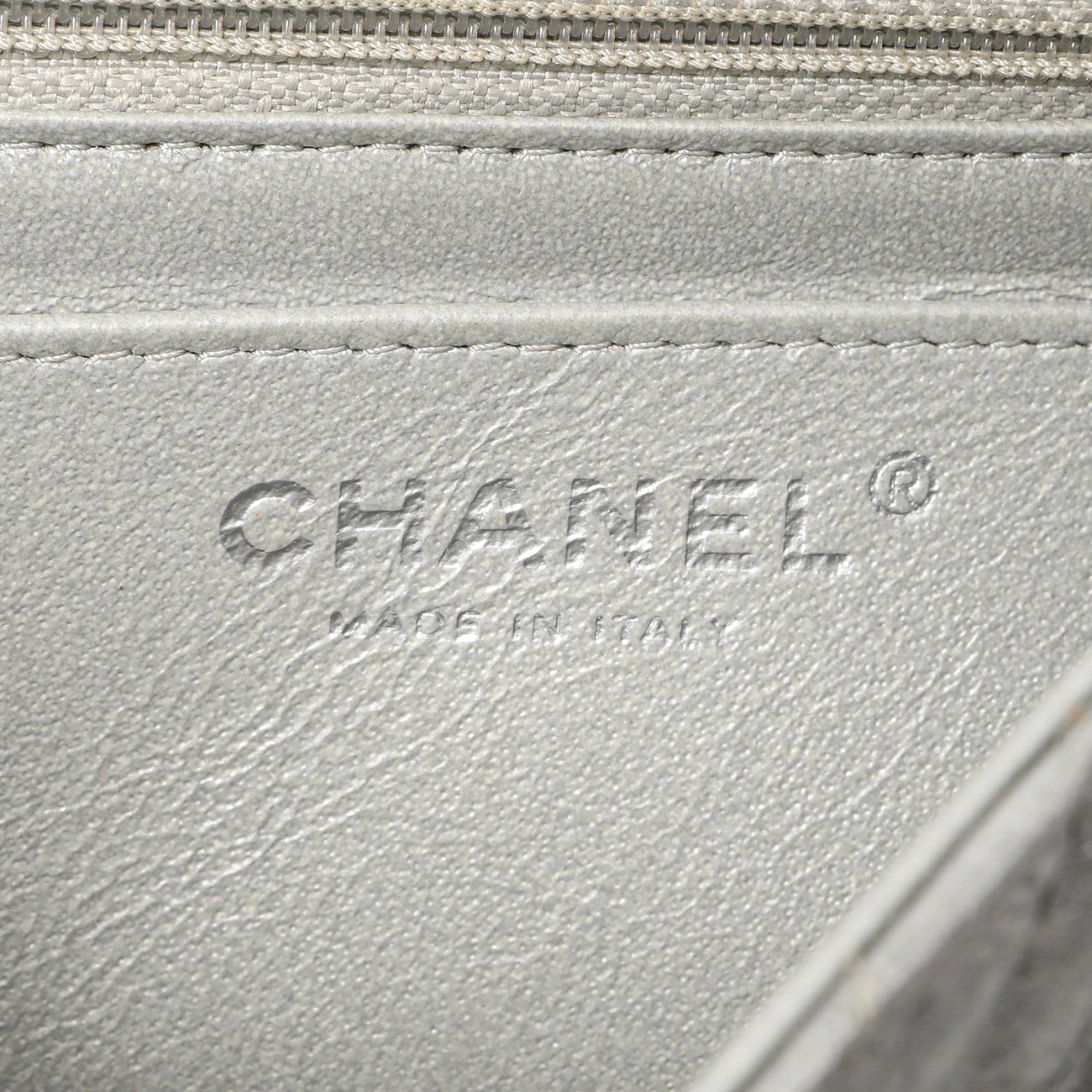 Exclusive Chanel Silver Metallic Patent Crumpled Calfskin Chevron Quilted Mini Square Flap — Lifestyle View