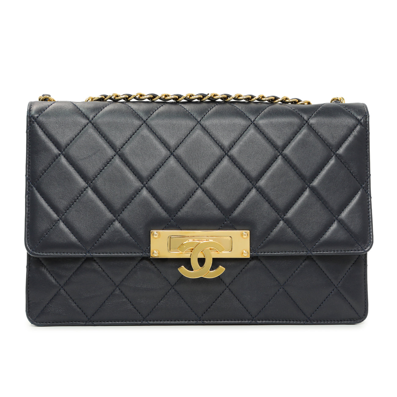 Exclusive Chanel Navy Quilted Lambskin Large Golden Class Flap — Front View