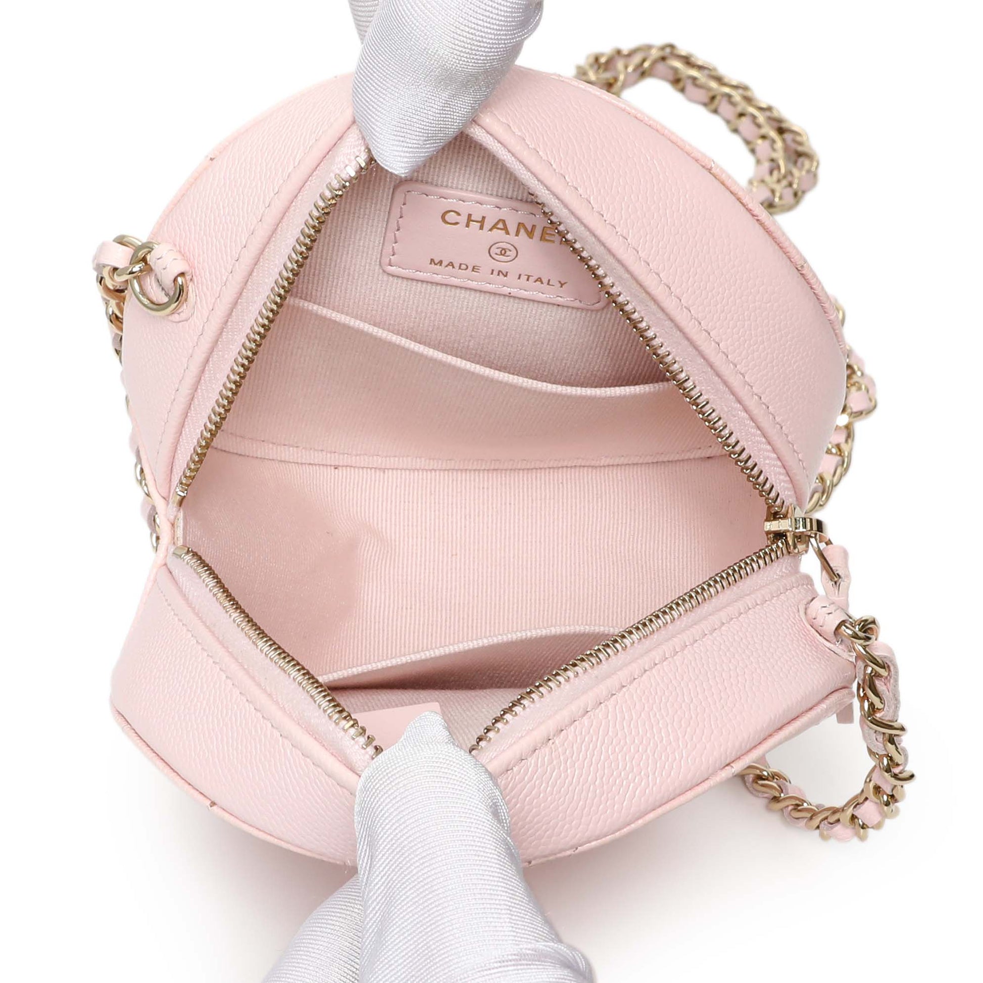 Exclusive Chanel Pink Quilted Caviar Round Clutch with Chain — Top View