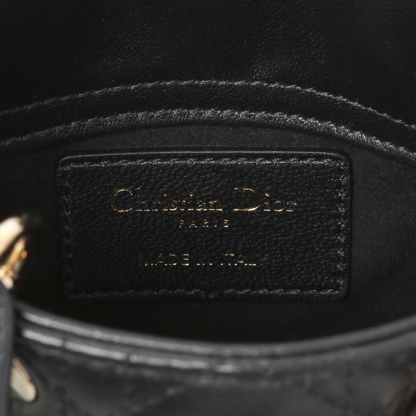 Exclusive Christian Dior Black Lambskin Cannage Micro Lady Dior — Detail View