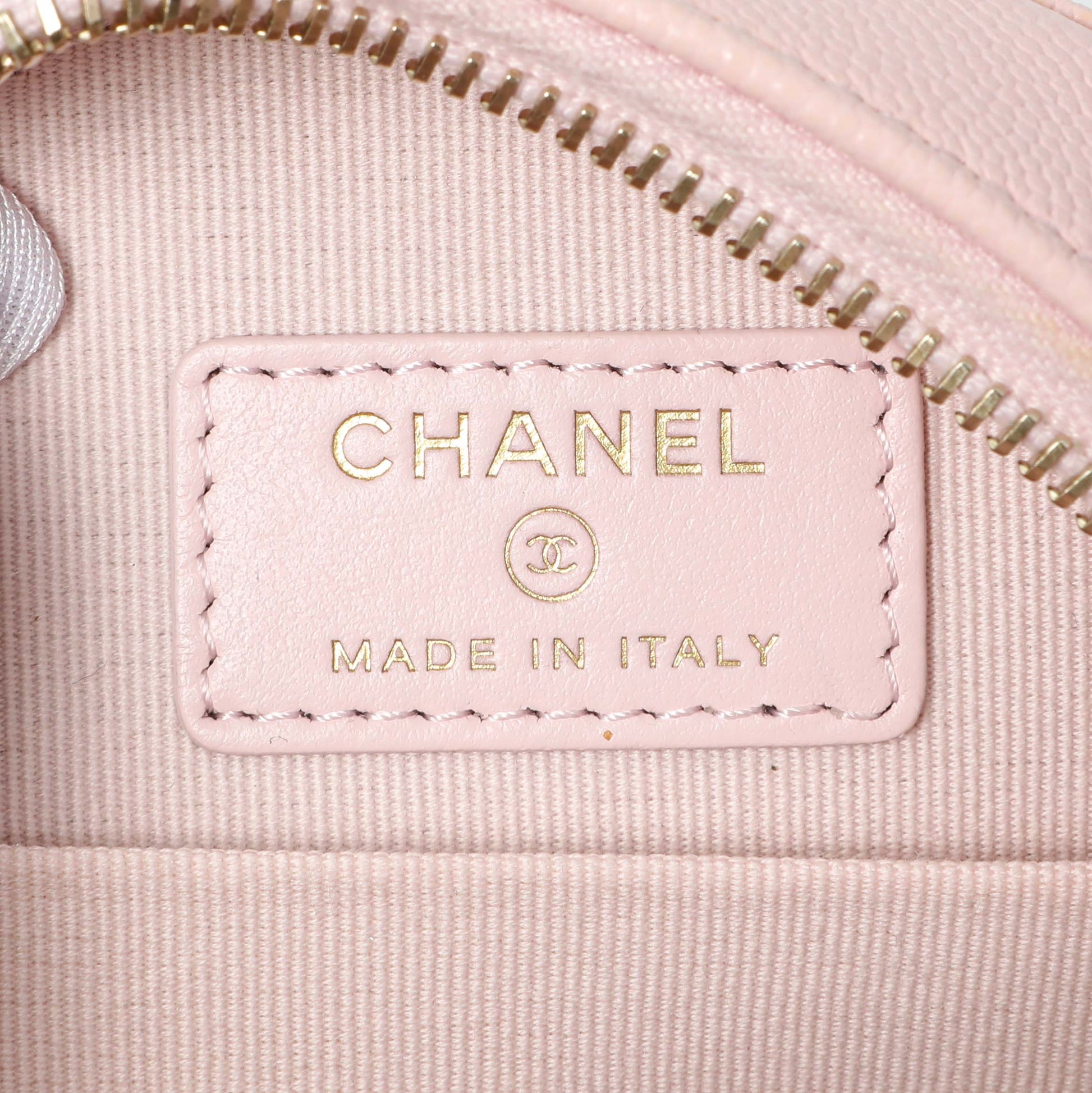 Exclusive Chanel Pink Quilted Caviar Round Clutch with Chain — Detail View
