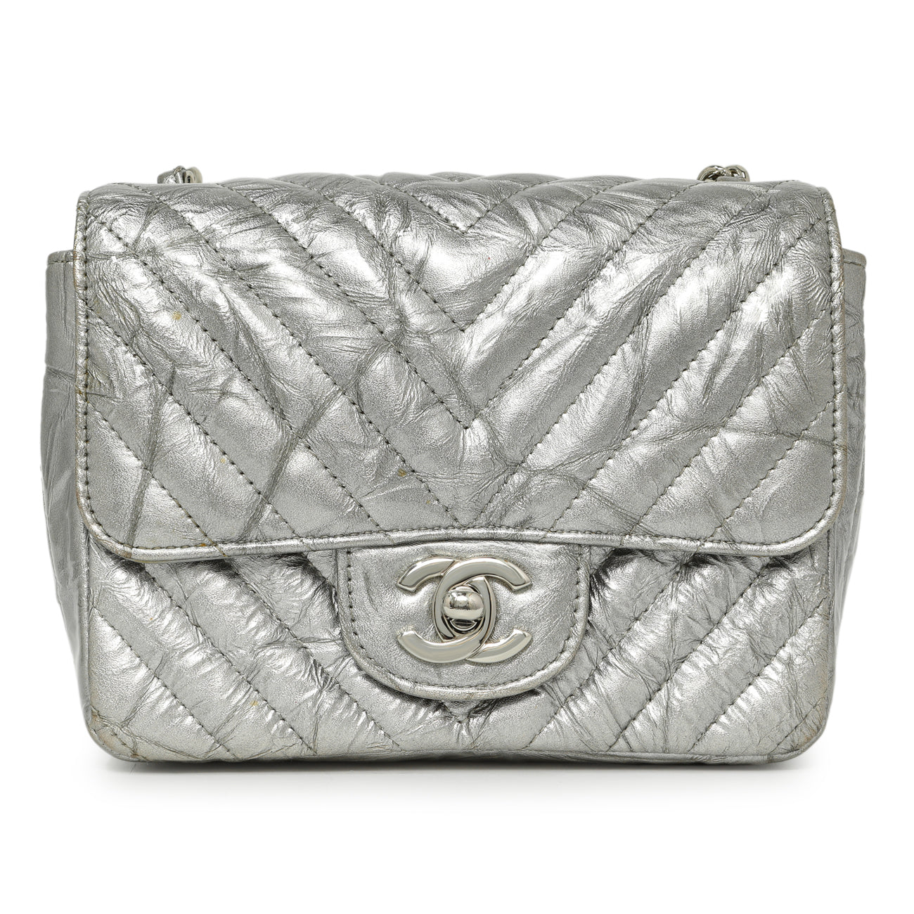 Exclusive Chanel Silver Metallic Patent Crumpled Calfskin Chevron Quilted Mini Square Flap — Side View