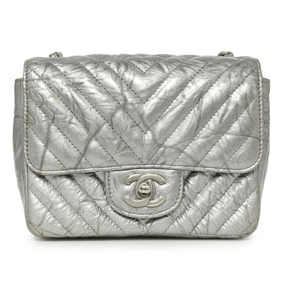 Exclusive Chanel Silver Metallic Patent Crumpled Calfskin Chevron Quilted Mini Square Flap — Side View