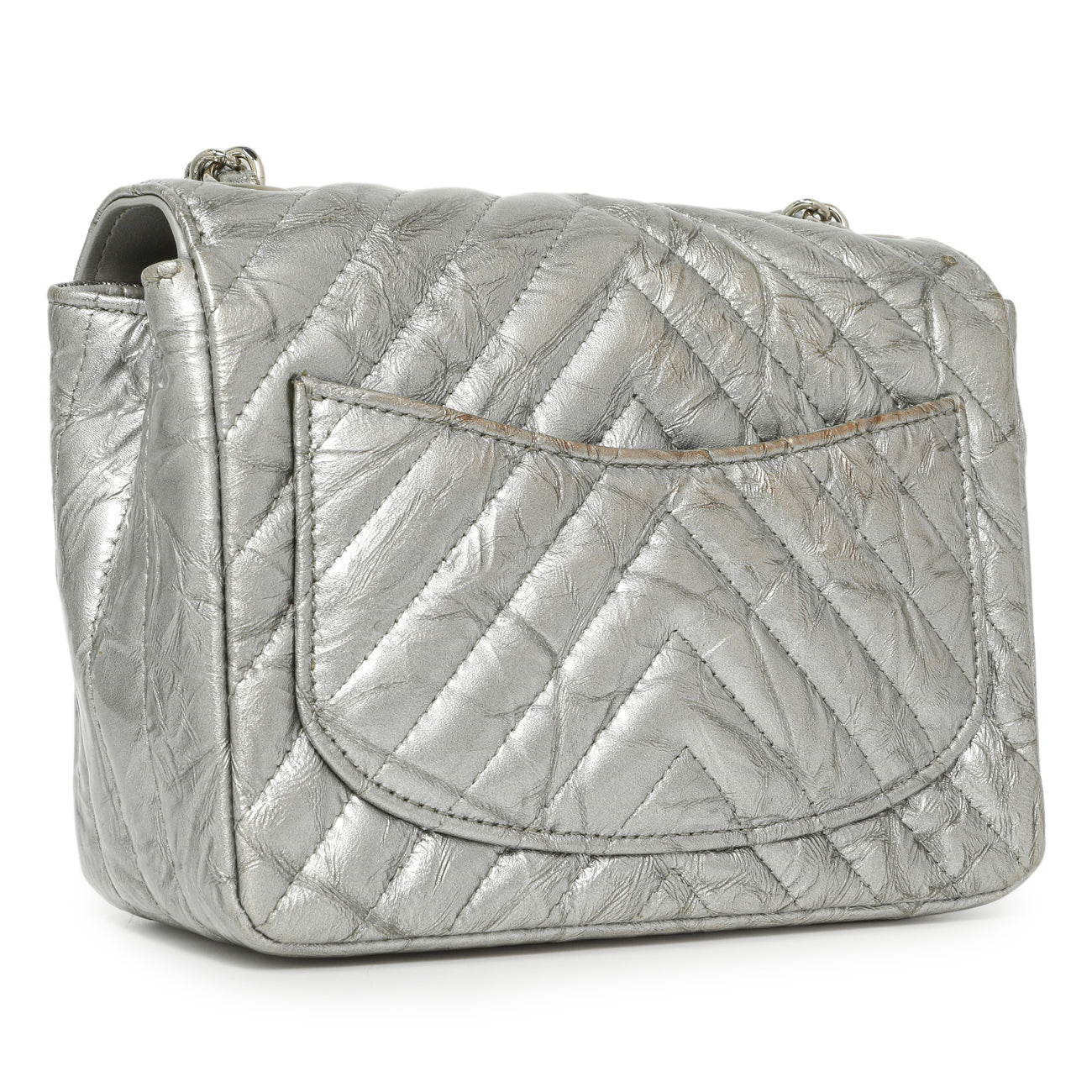 Exclusive Chanel Silver Metallic Patent Crumpled Calfskin Chevron Quilted Mini Square Flap — Back View