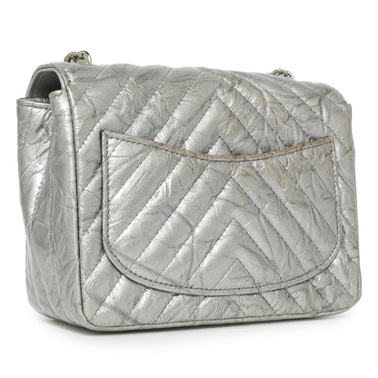 Exclusive Chanel Silver Metallic Patent Crumpled Calfskin Chevron Quilted Mini Square Flap — Back View