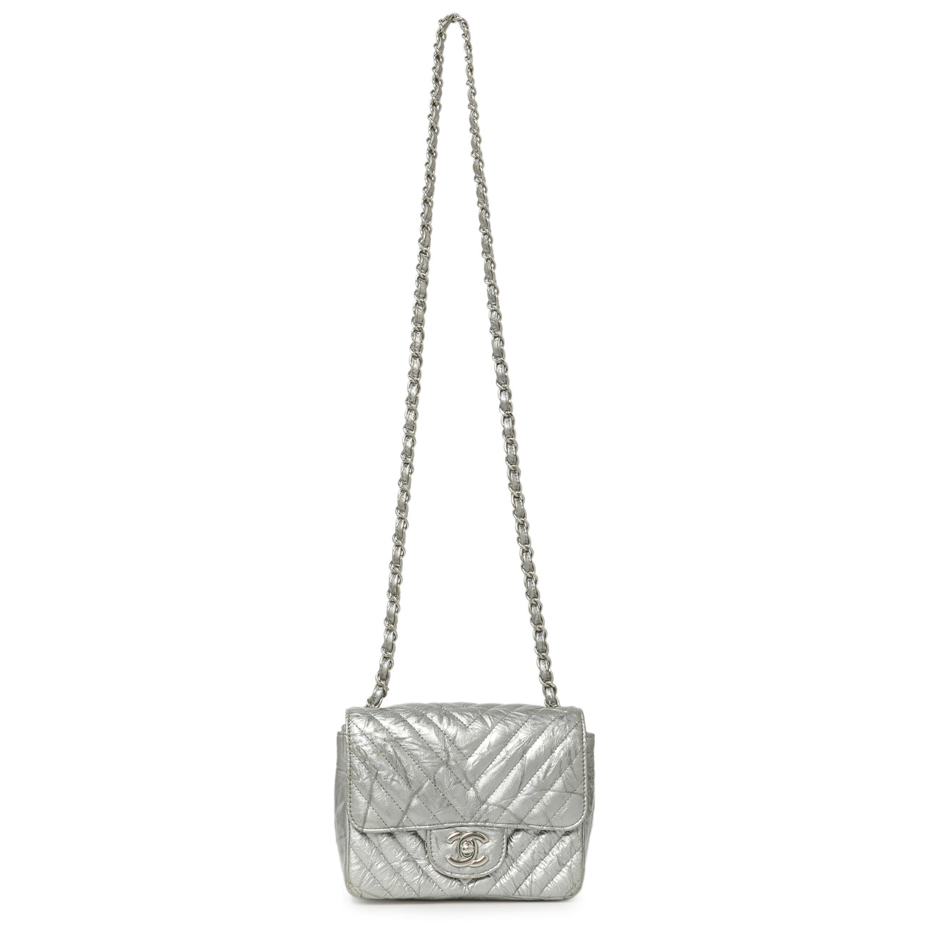 Exclusive Chanel Silver Metallic Patent Crumpled Calfskin Chevron Quilted Mini Square Flap — Front View