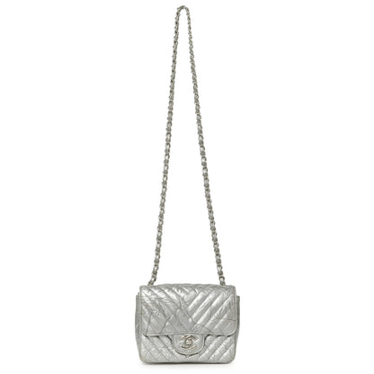 Exclusive Chanel Silver Metallic Patent Crumpled Calfskin Chevron Quilted Mini Square Flap — Front View