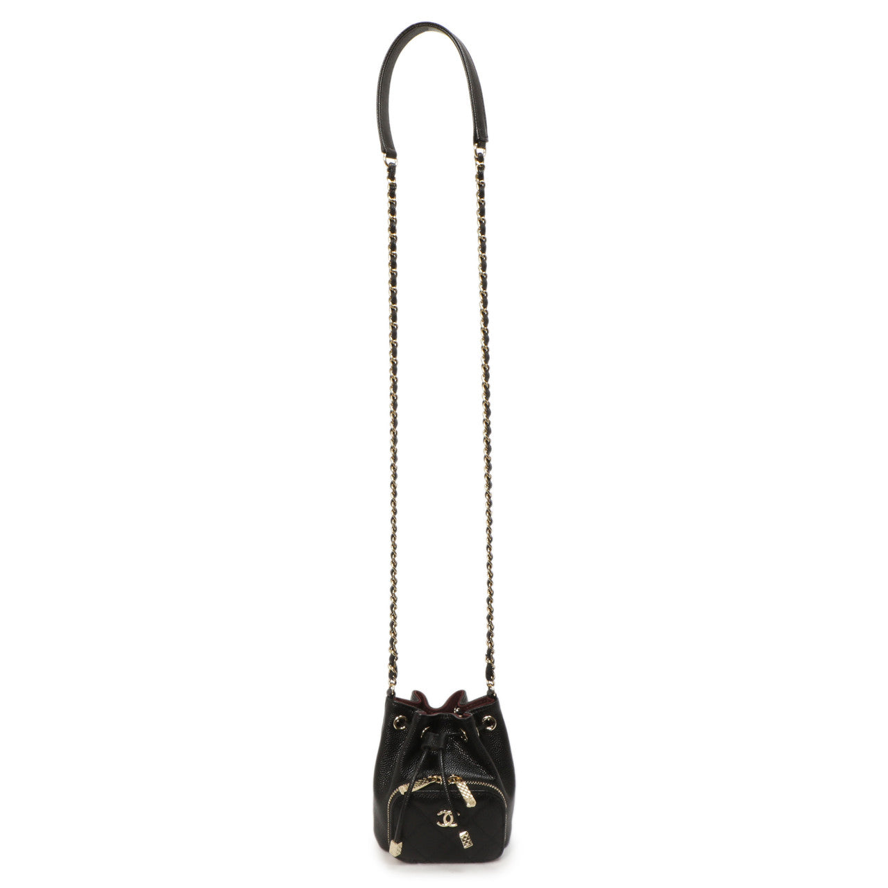 Exclusive Chanel Black Caviar Mini CC Pocket Bucket Bag — Front View