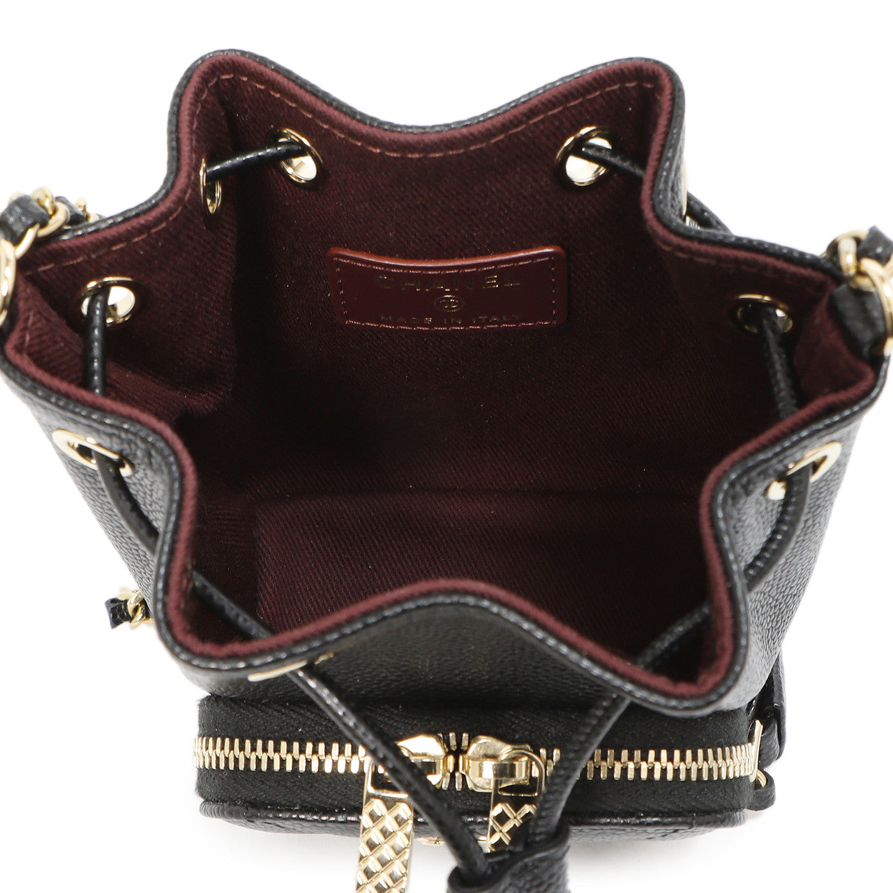 Exclusive Chanel Black Caviar Mini CC Pocket Bucket Bag — Detail View