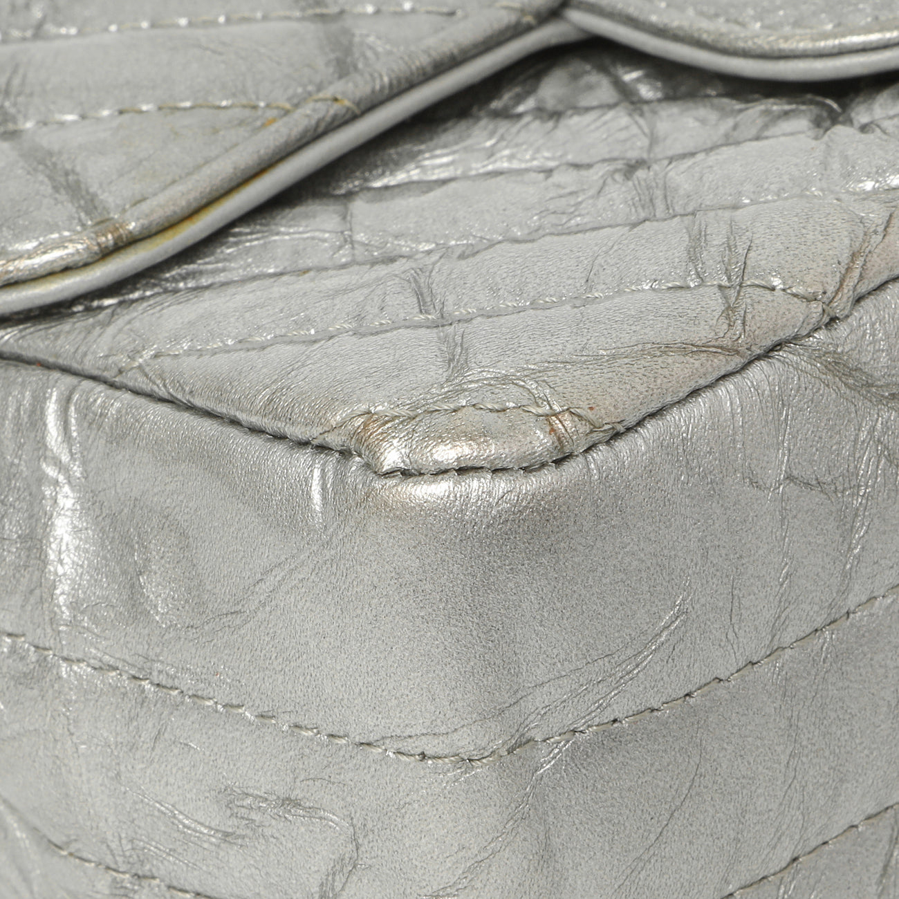 Exclusive Chanel Silver Metallic Patent Crumpled Calfskin Chevron Quilted Mini Square Flap — Alternate View 8