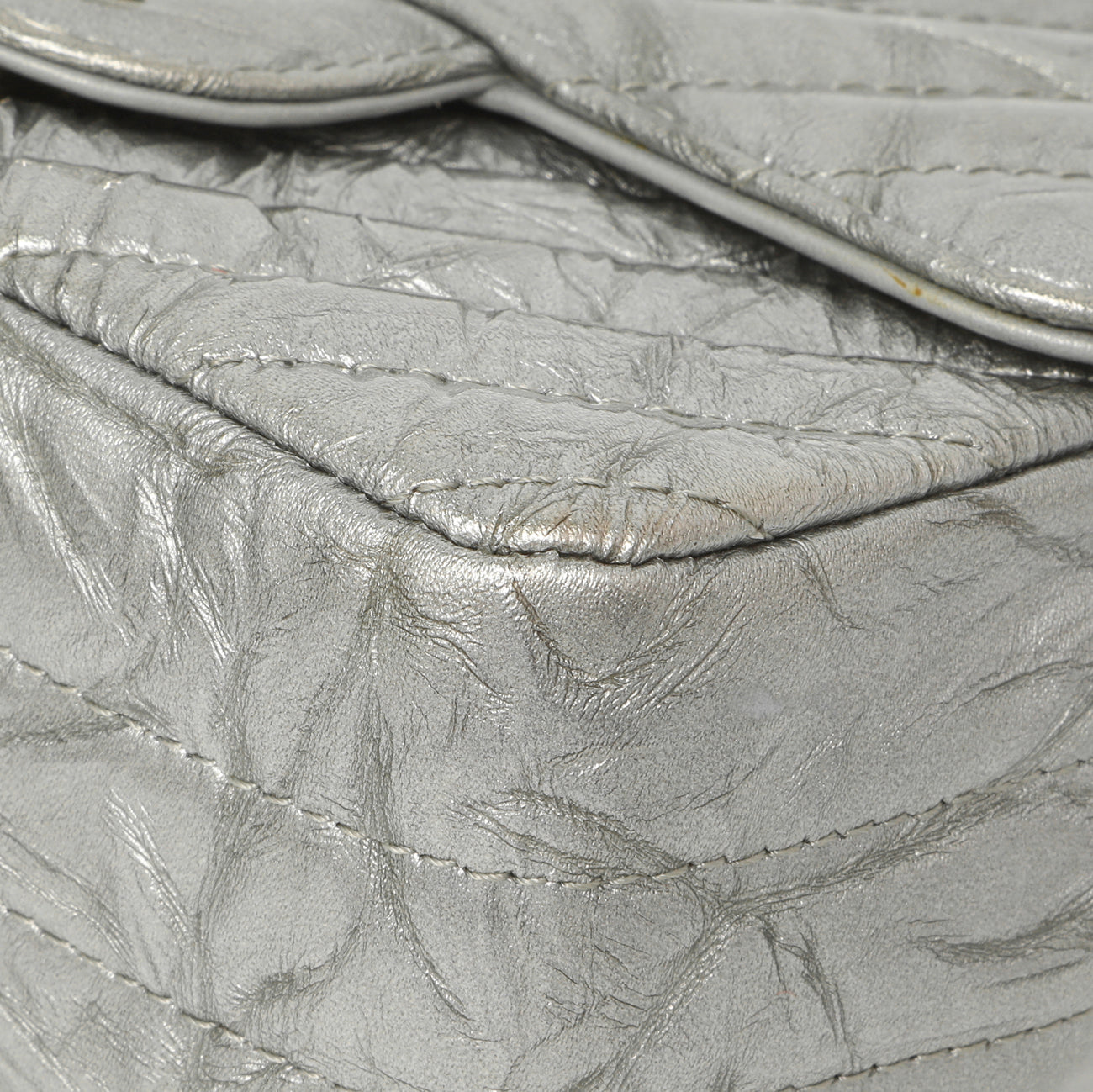 Exclusive Chanel Silver Metallic Patent Crumpled Calfskin Chevron Quilted Mini Square Flap — Alternate View 9