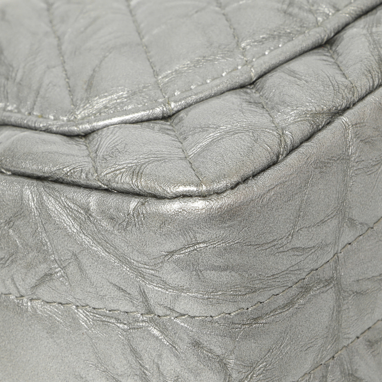 Exclusive Chanel Silver Metallic Patent Crumpled Calfskin Chevron Quilted Mini Square Flap — Alternate View 10