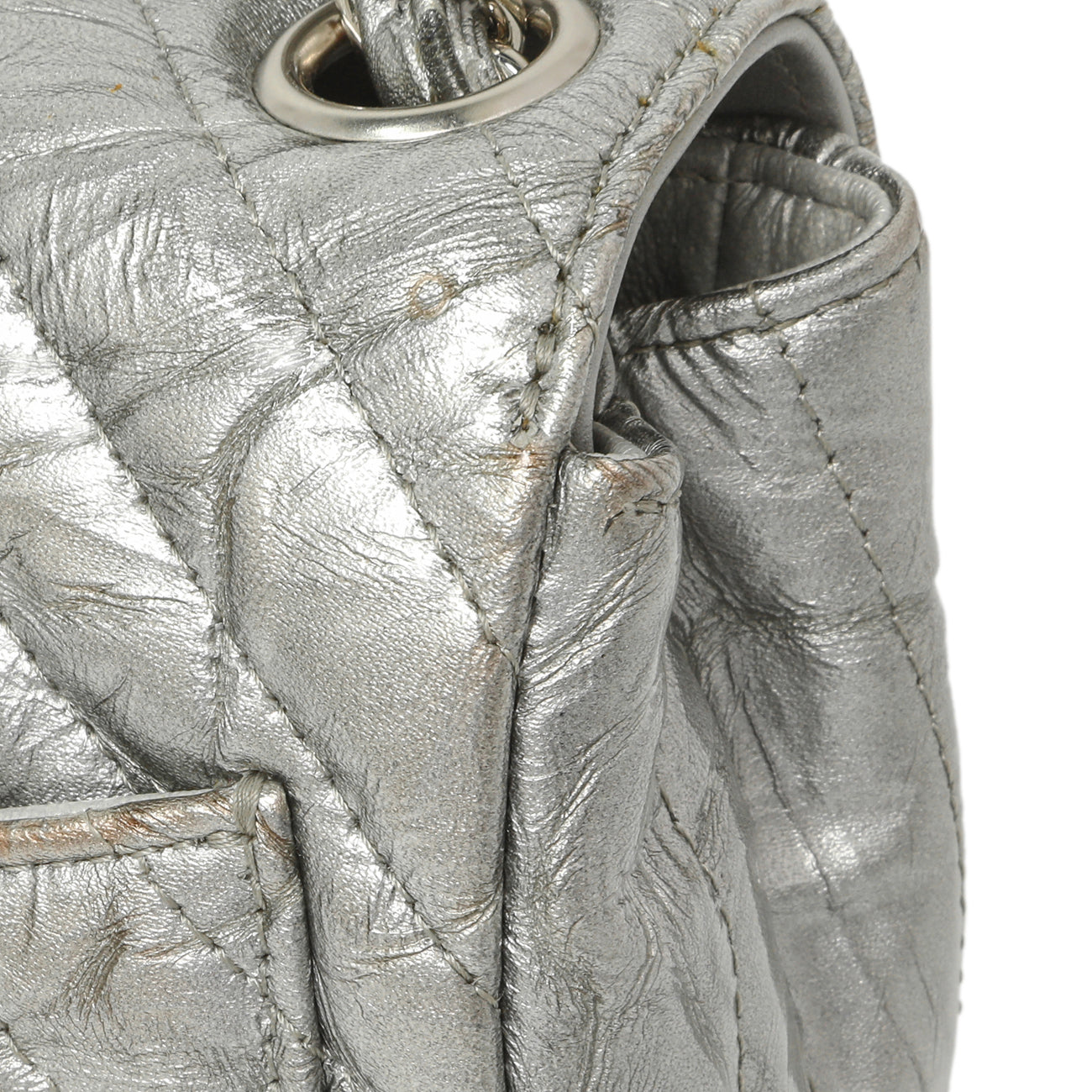 Exclusive Chanel Silver Metallic Patent Crumpled Calfskin Chevron Quilted Mini Square Flap — Alternate View 13