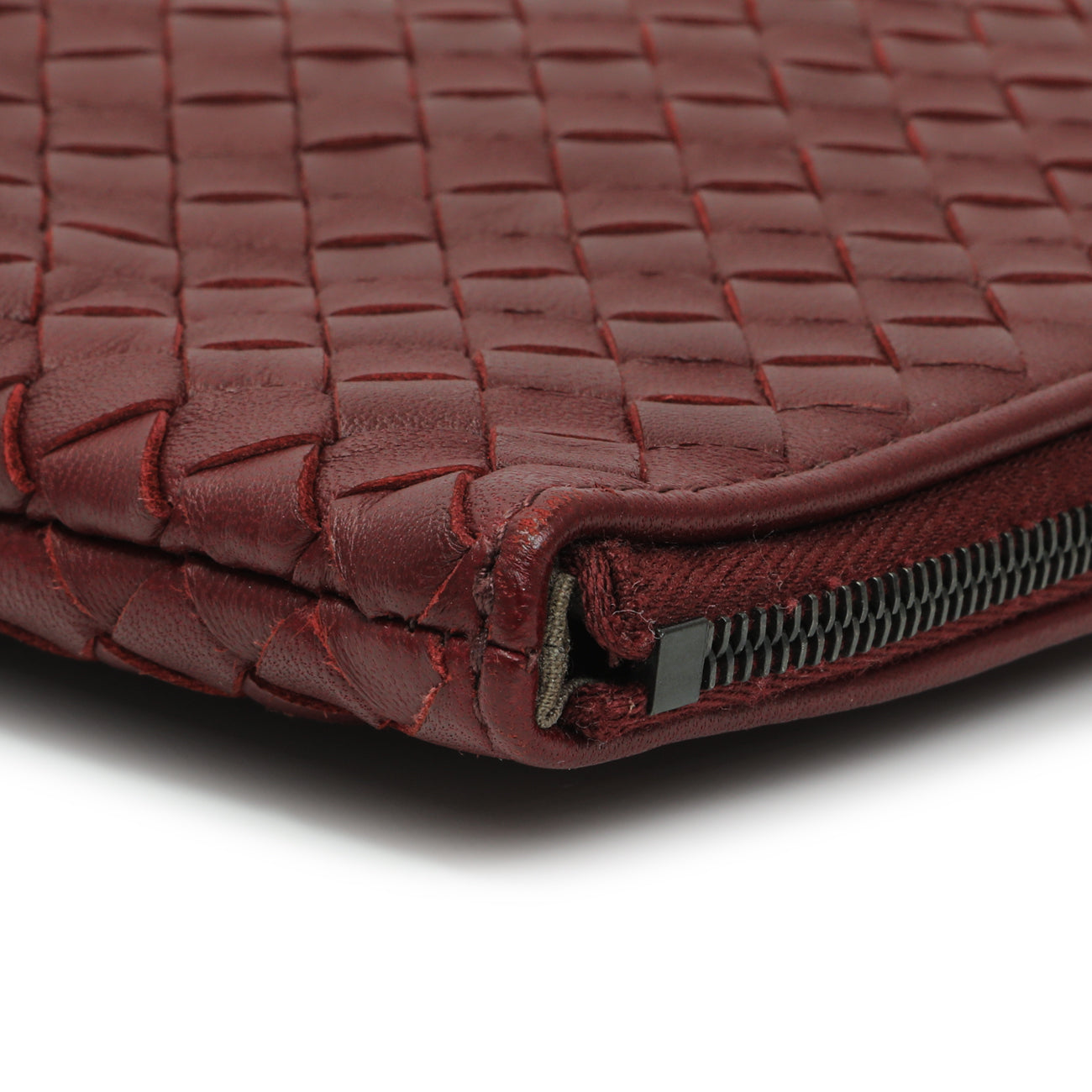 Exclusive Bottega Veneta Burgundy Nappa Intrecciato Zip Pouch — Lifestyle View
