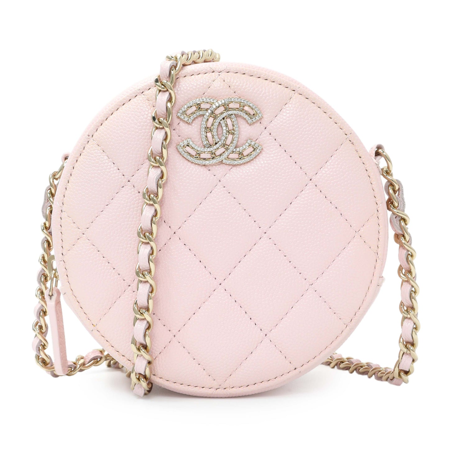Exclusive Chanel Pink Quilted Caviar Round Clutch with Chain — Front View