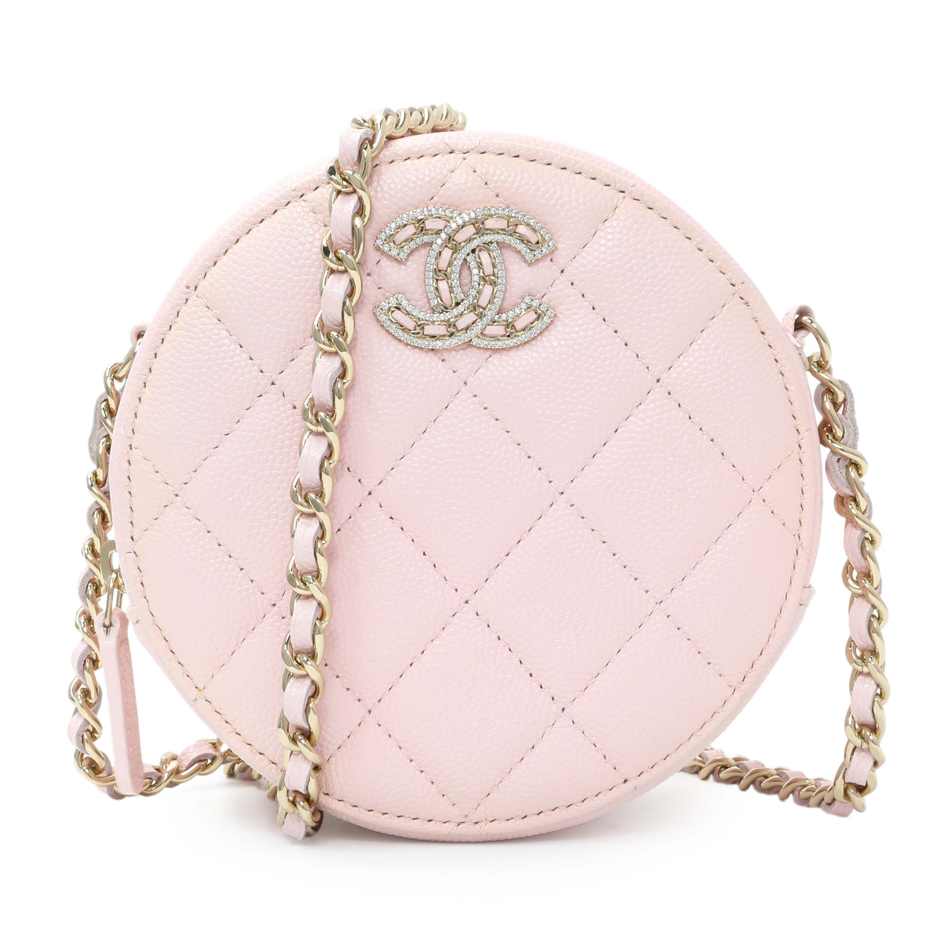 Exclusive Chanel Pink Quilted Caviar Round Clutch with Chain — Front View