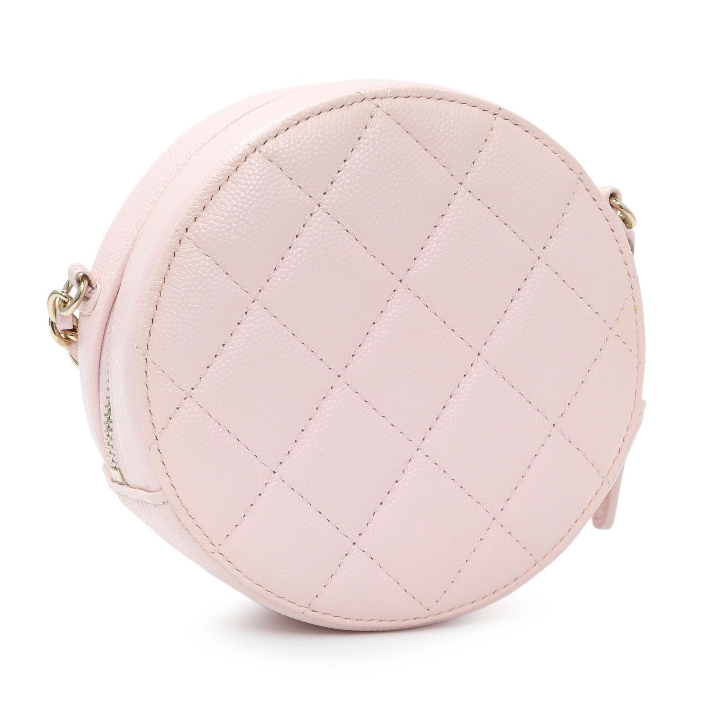 Exclusive Chanel Pink Quilted Caviar Round Clutch with Chain — Side View