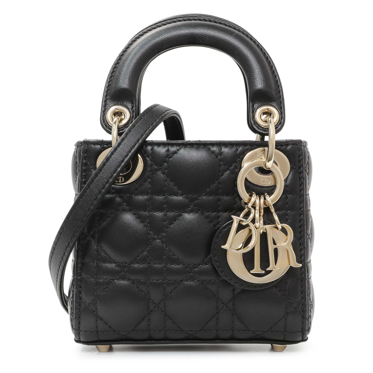 Exclusive Christian Dior Black Lambskin Cannage Micro Lady Dior — Front View