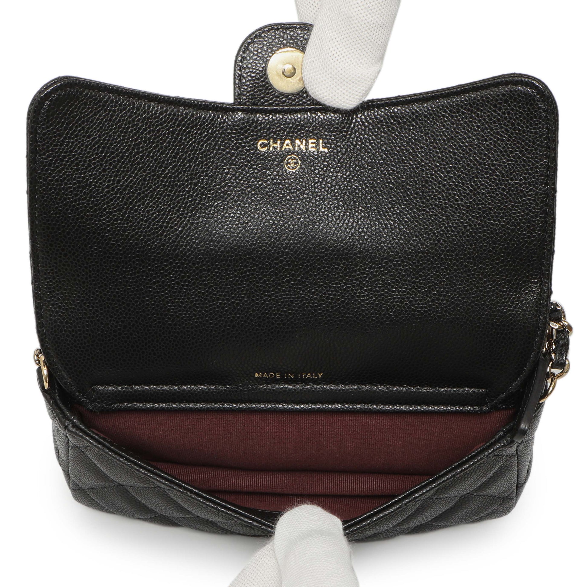 Exclusive Chanel Black Caviar Quilted Flap Phone Holder With Chain — Top View