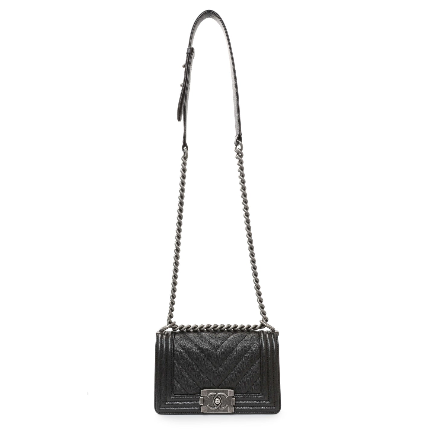 Exclusive Chanel Black Chevron Quilted Caviar Small Boy Flap — Front View