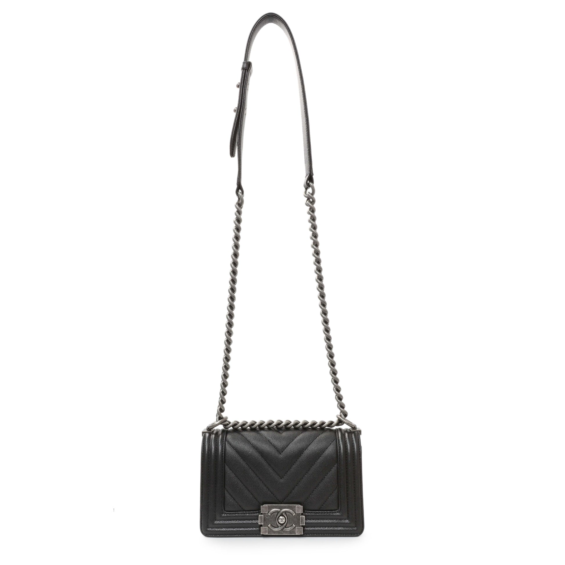 Exclusive Chanel Black Chevron Quilted Caviar Small Boy Flap — Front View