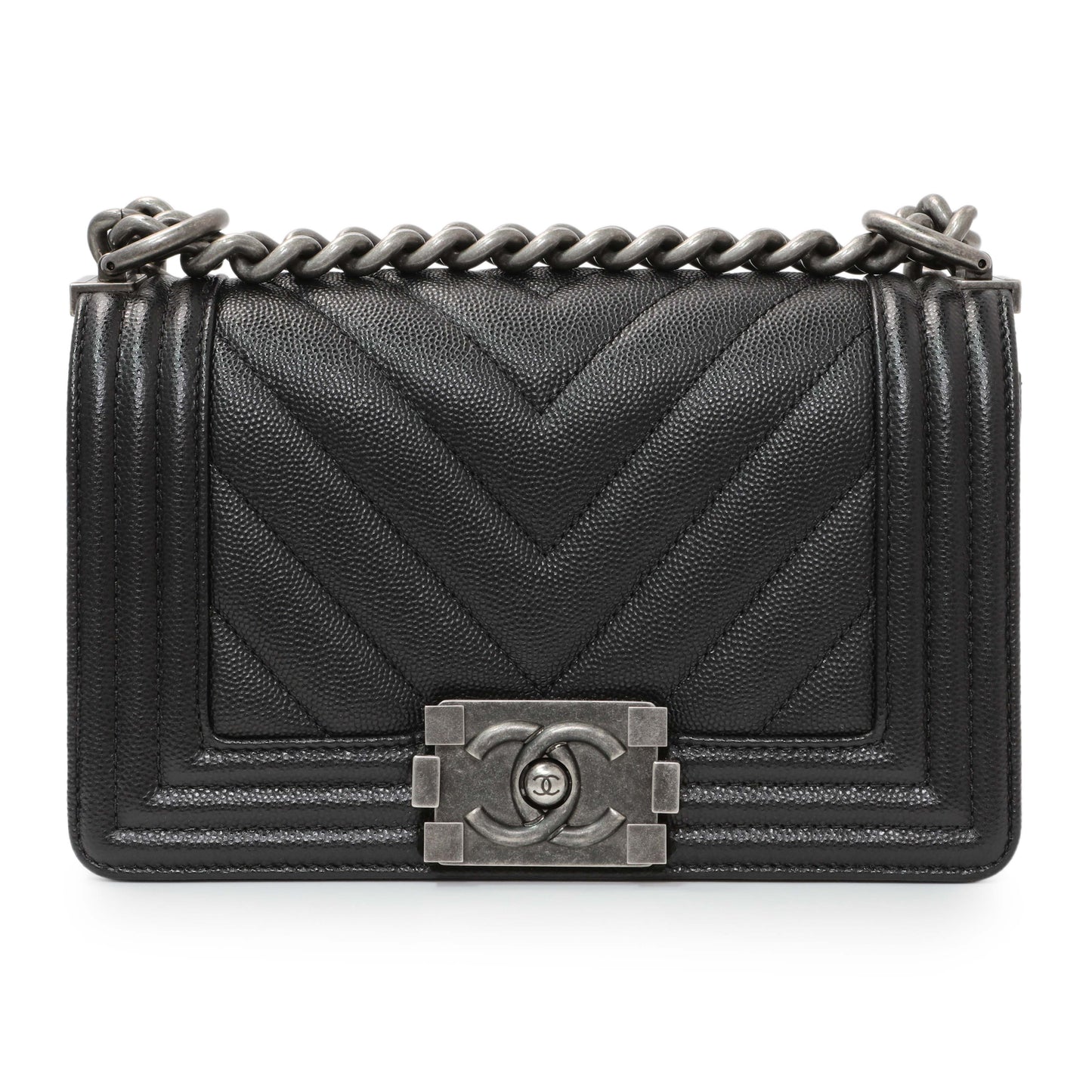 Exclusive Chanel Black Chevron Quilted Caviar Small Boy Flap — Side View