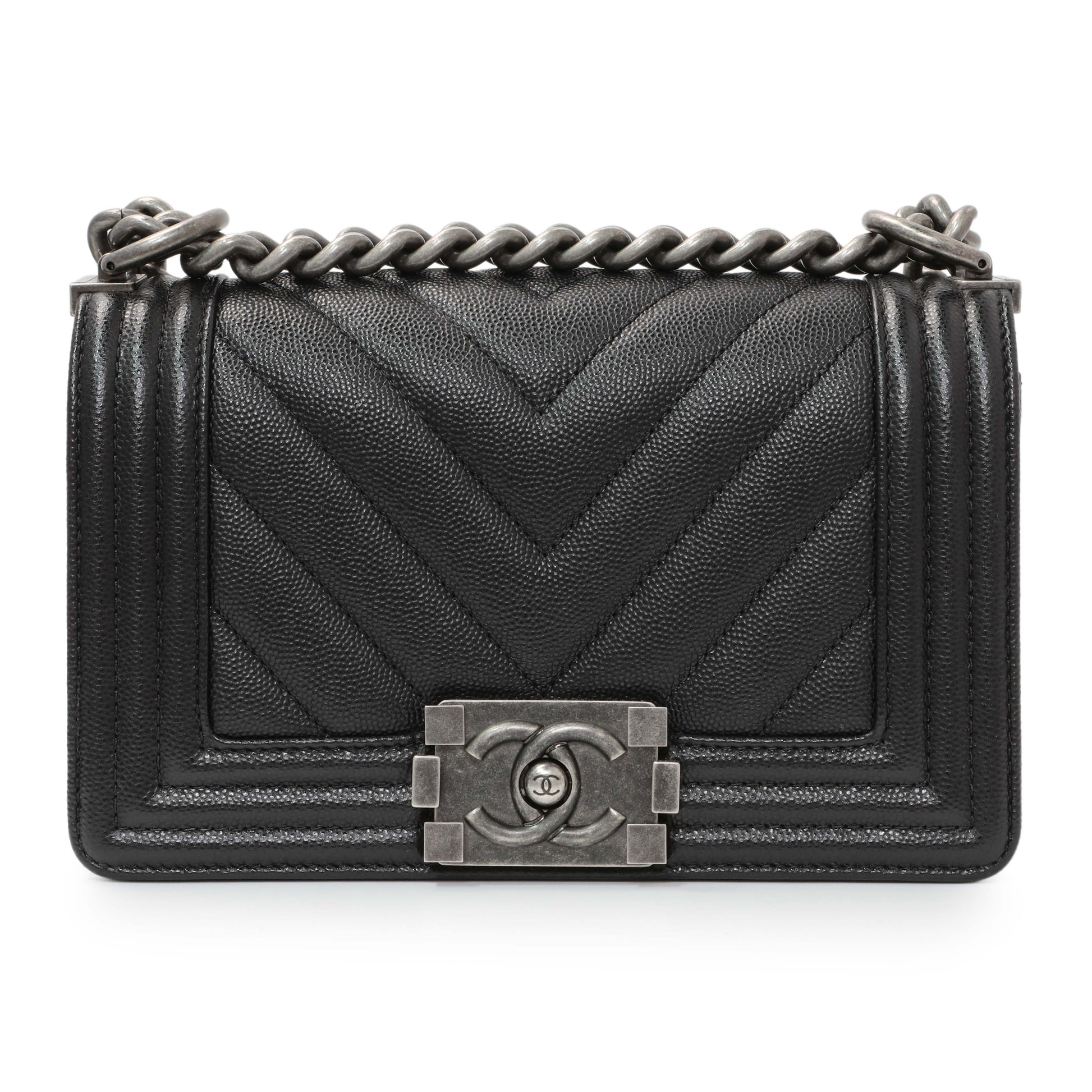 Exclusive Chanel Black Chevron Quilted Caviar Small Boy Flap — Side View