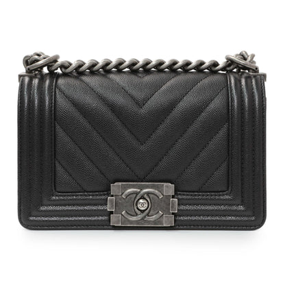 Exclusive Chanel Black Chevron Quilted Caviar Small Boy Flap — Side View