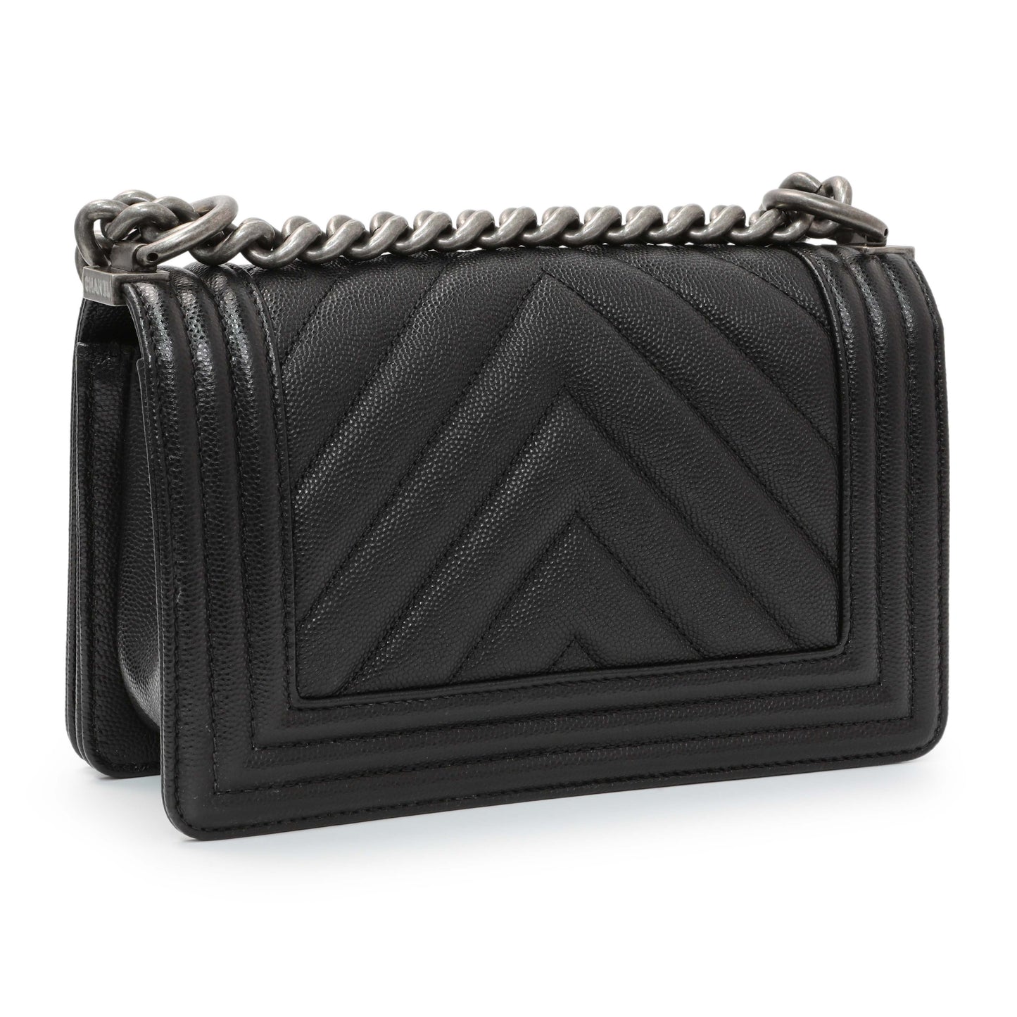 Exclusive Chanel Black Chevron Quilted Caviar Small Boy Flap — Back View