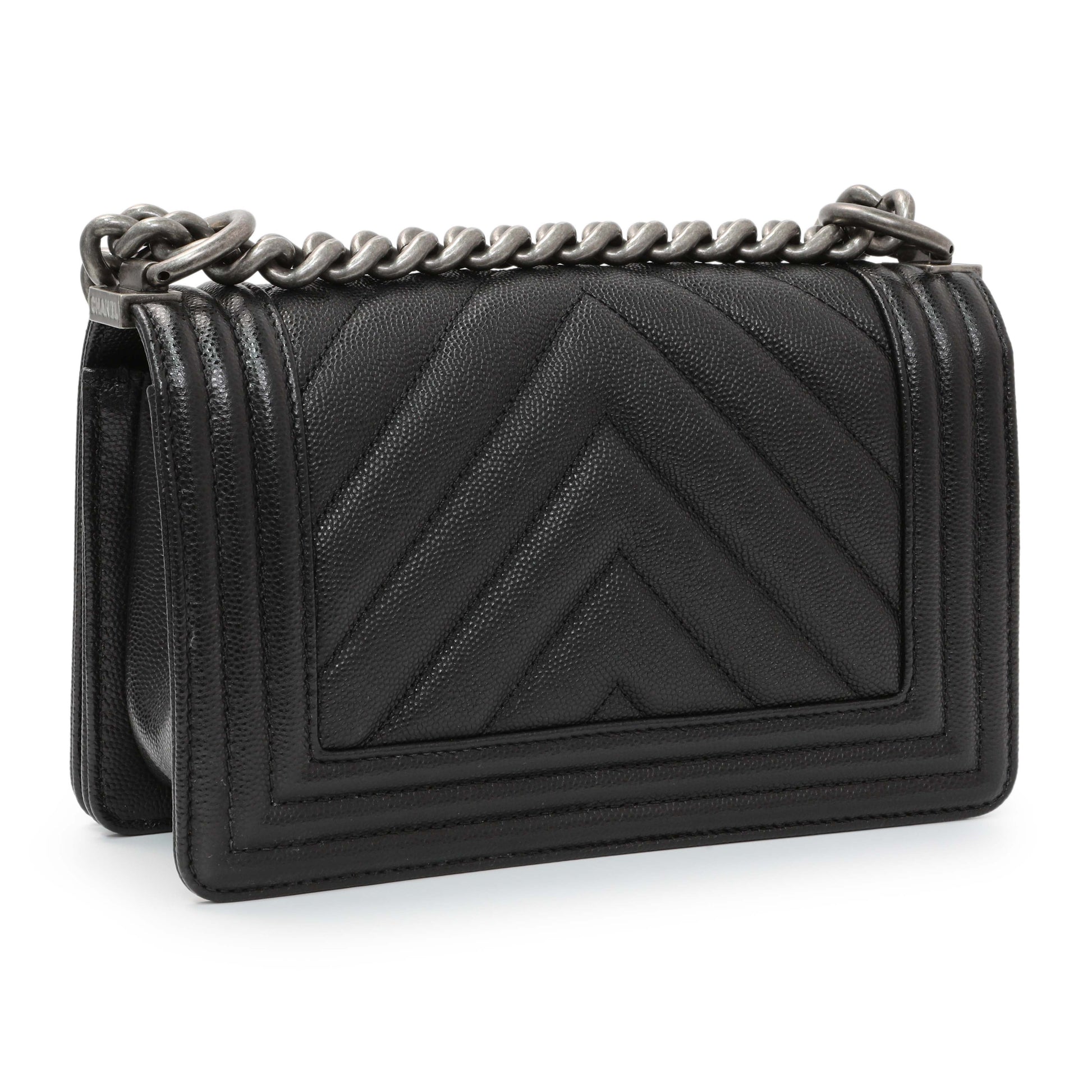 Exclusive Chanel Black Chevron Quilted Caviar Small Boy Flap — Back View